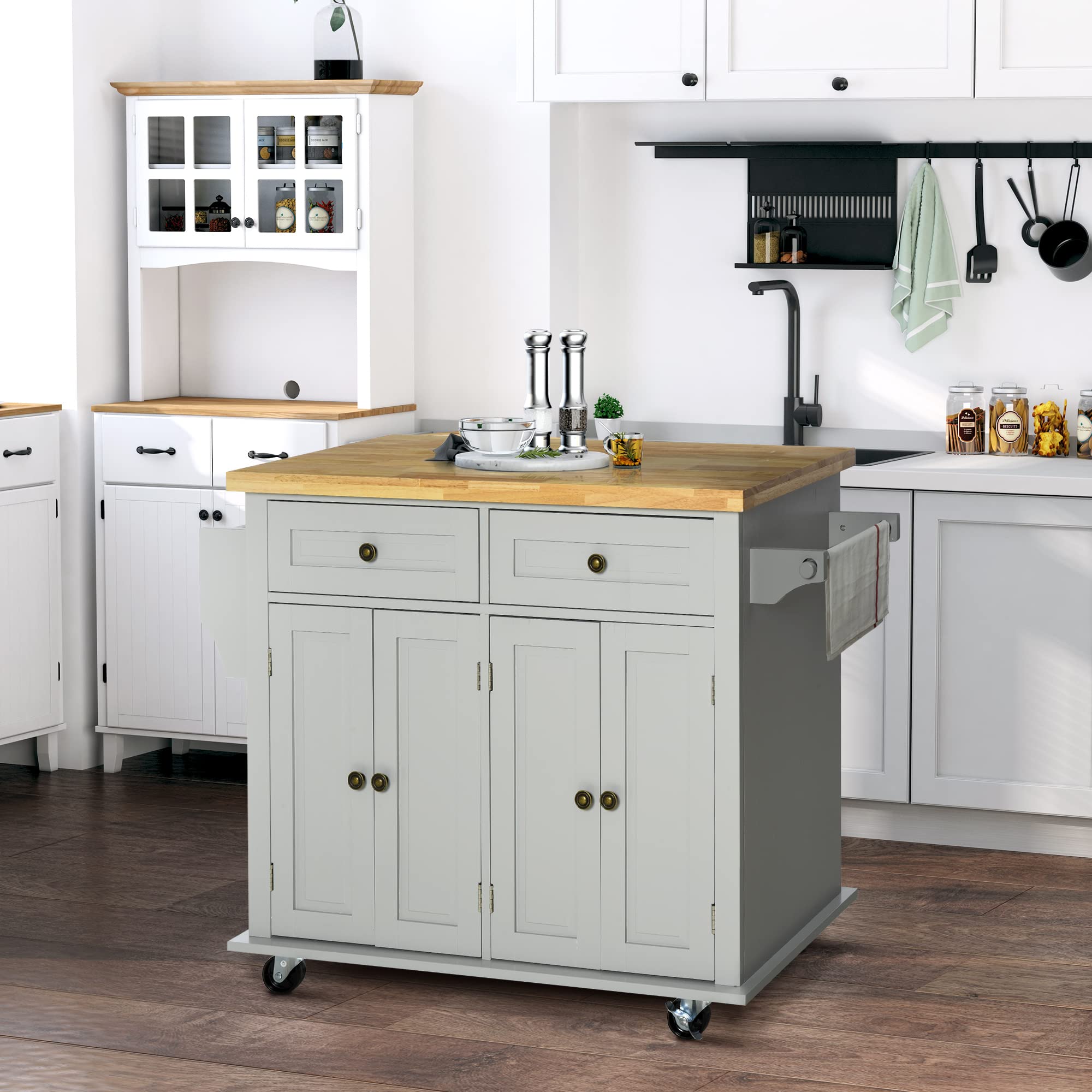 HOMCOM Mobile Kitchen Island Cart with Rubberwood Top, Spice Rack, Towel Bar & Storage Drawers - Grey | Perfect for Small Kitchens, Dining Rooms & Apartment Living