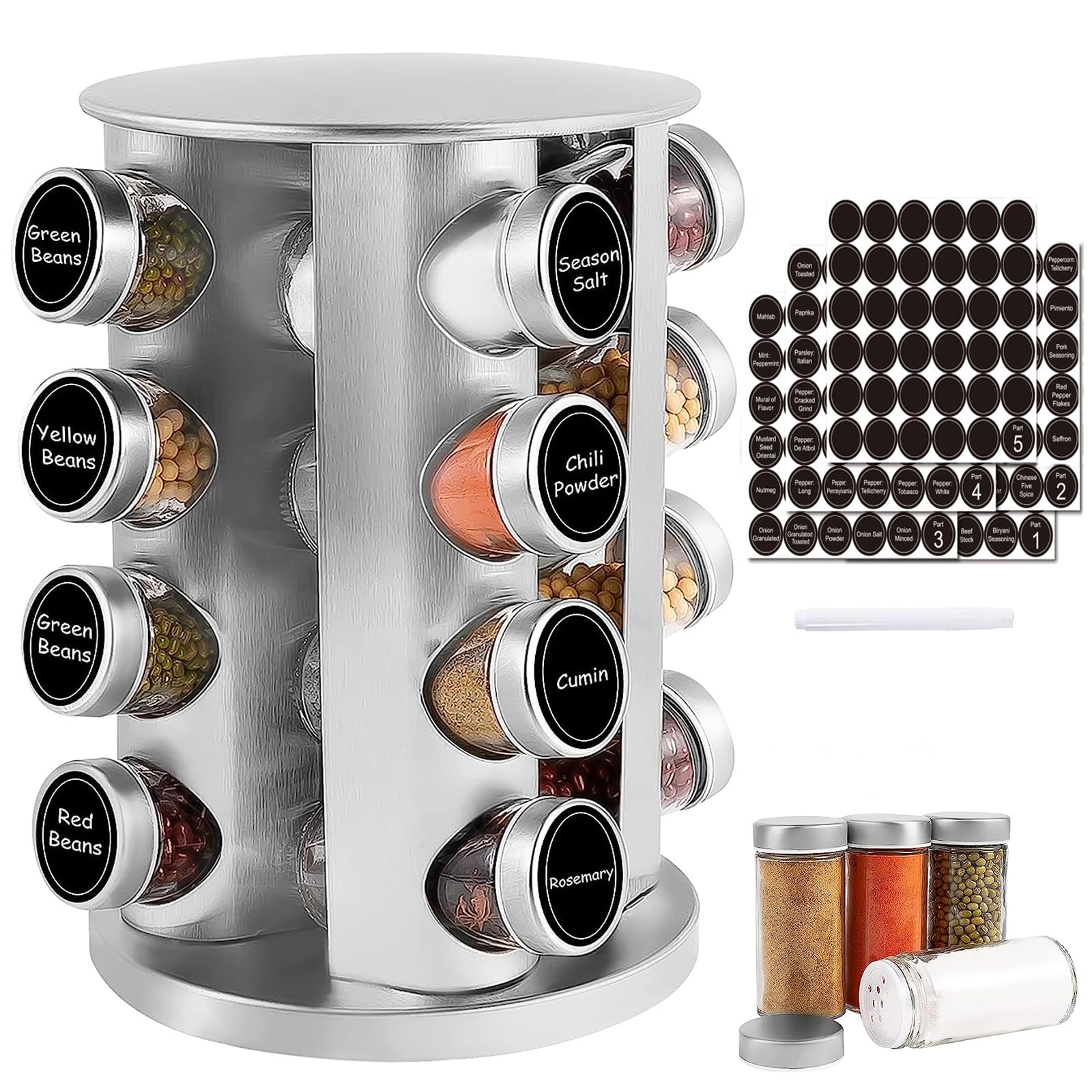 Rotating Spice Rack Organizer with 16 Jars - Stainless Steel Revolving Spice Tower with Labels for Kitchen Cabinet & Countertop - Perfect for Cooking, Baking & Seasoning Organization
