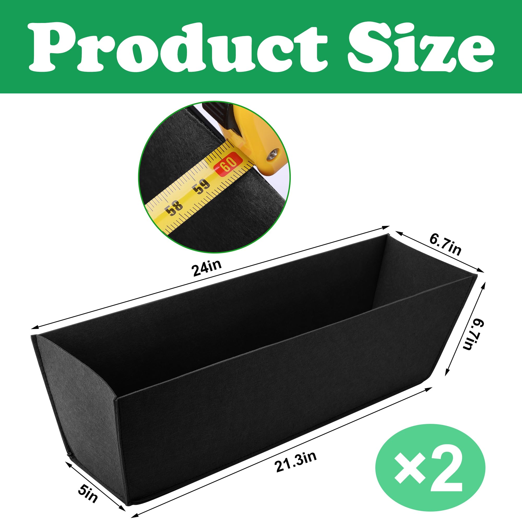 2 Pack 24 Inch Black Non-Woven Fabric Plant Window Box Liners - Rectangular Planter Basket Liner for Outdoor Garden, Hanging Wall Planters, Flowers & Vegetables - Perfect for Balcony Decor, Window Sill Gardening & Vertical Garden Systems