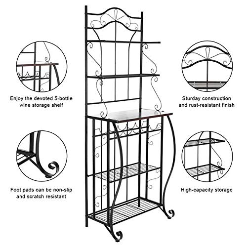 5-Tier Metal Kitchen Bakers Rack with Wine Storage - Cappuccino Finish Scroll Design, Black - Perfect for Small Spaces, Pantry Organization & Wine Display in Home, Restaurant or Cafe