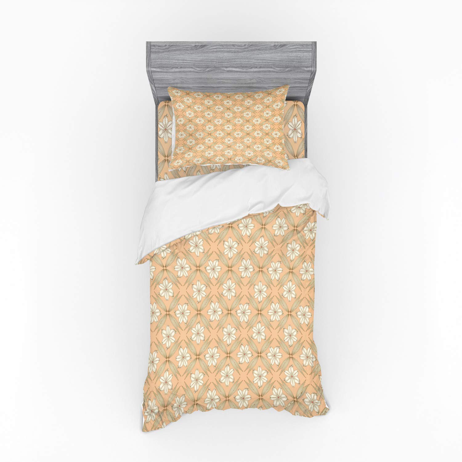 Ambesonne Vintage Floral Bedding Set - 3 Piece Duvet Cover with Sham & Fitted Sheet, Twin Size in Tan Peach & Off White | Lily Flower Design with Curled Petals | Perfect for Boho Chic Bedrooms, Guest Rooms & Cozy Home Decor