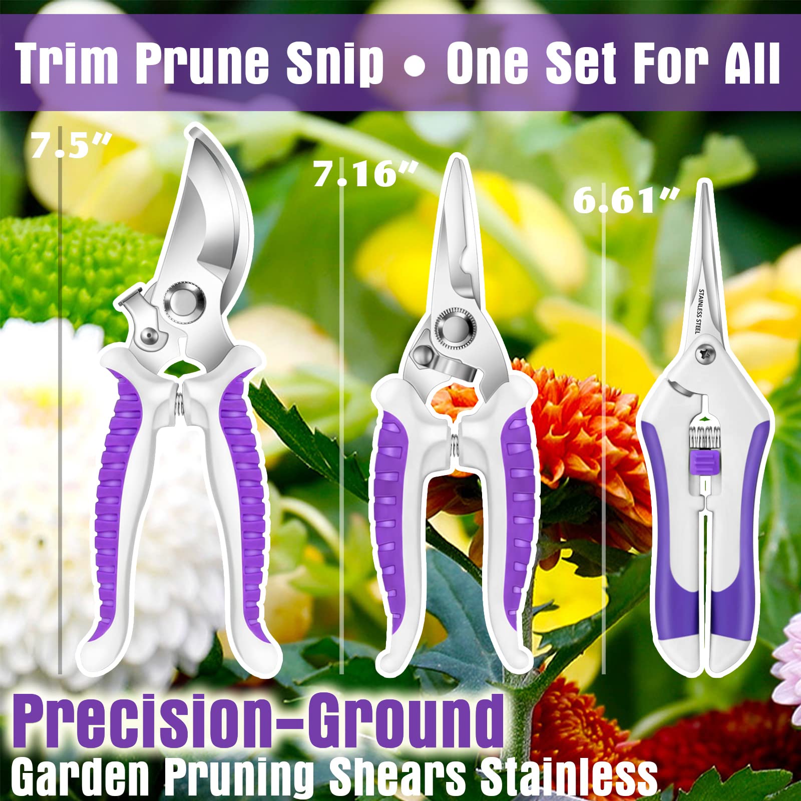 YANZI 3-Piece Garden Pruning Shears Set - Stainless Steel Bypass Hand Pruners, Tree Trimmers & Gardening Scissors for Plants, Flowers, Shrubs - Purple Gardening Tools Kit for Home Gardeners & Landscaping Professionals