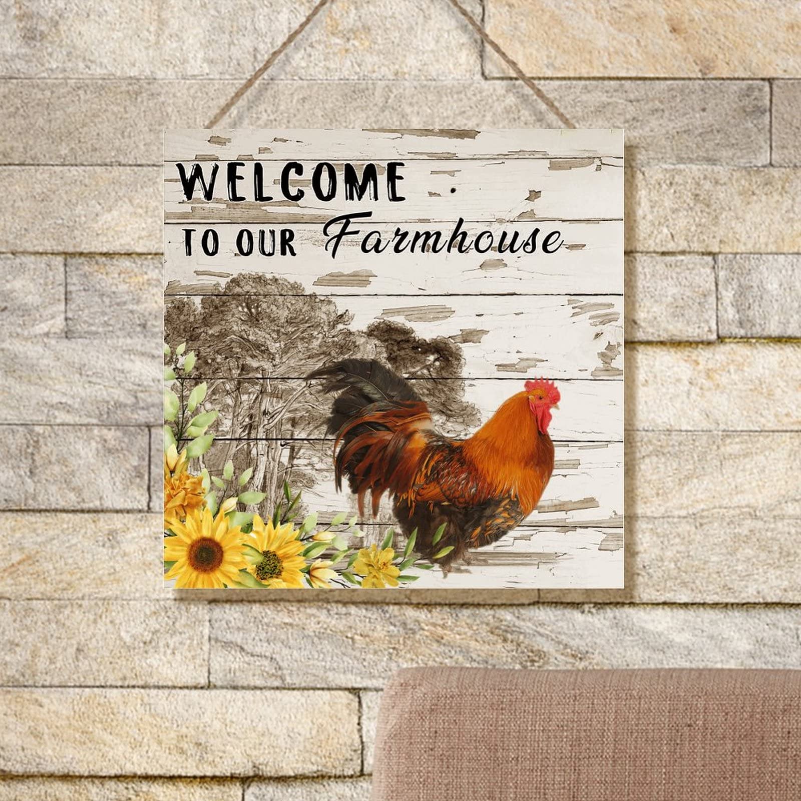Distressed Wood Welcome Sign - Rustic Farmhouse Decor for Chicken Coop, Home, Office & School - 12x12 Inch Farmhouse Plaque with Rooster Design - Perfect for Country Kitchen, Porch, or Barn Wall Decor