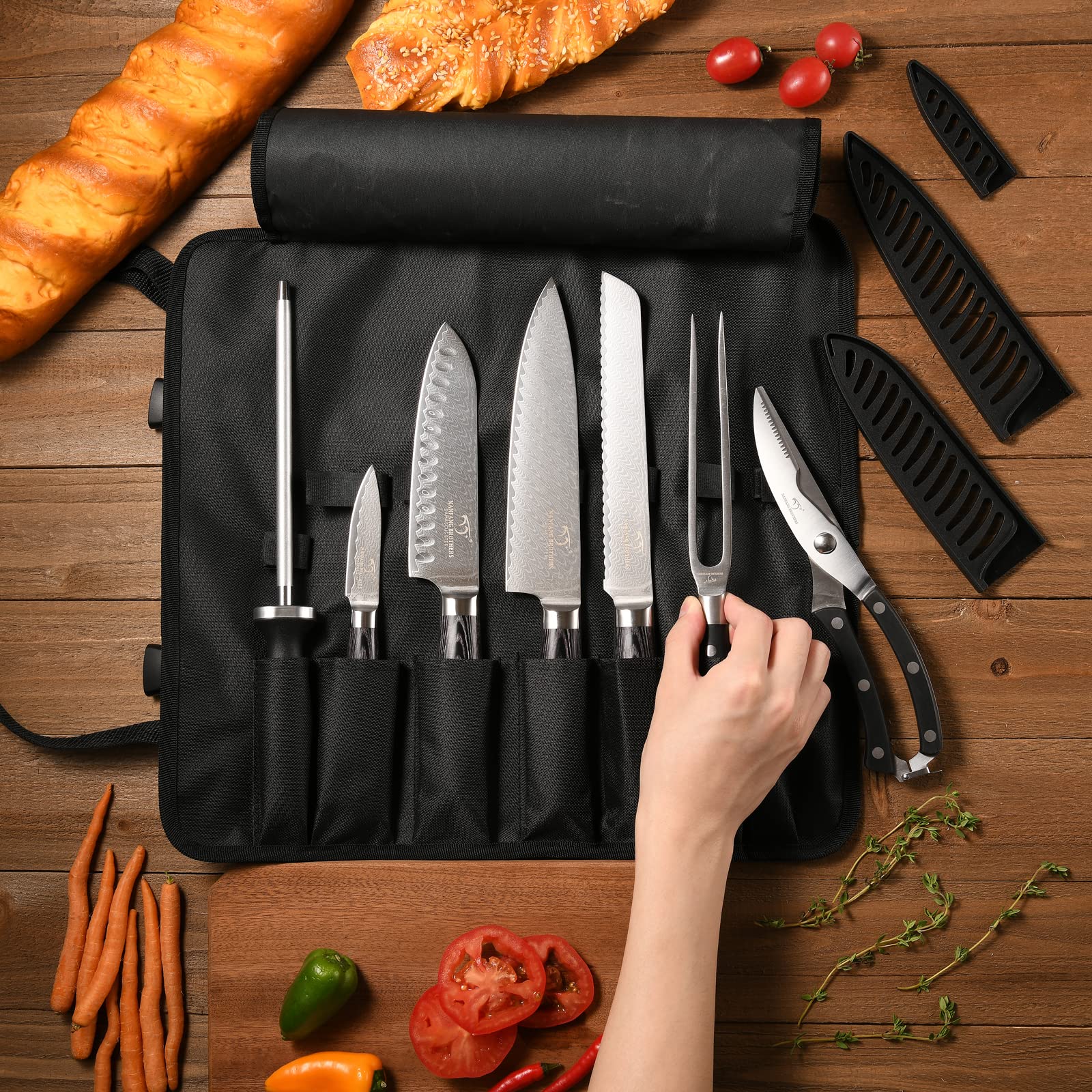 Premium 8-Piece Damascus Steel Chef Knife Set with Knife Roll Bag - Professional Kitchen Knives Set Includes Blade Guards, Carving Fork, Sharpener & Shears - Ideal for Home Cooking, Outdoor Camping & Travel