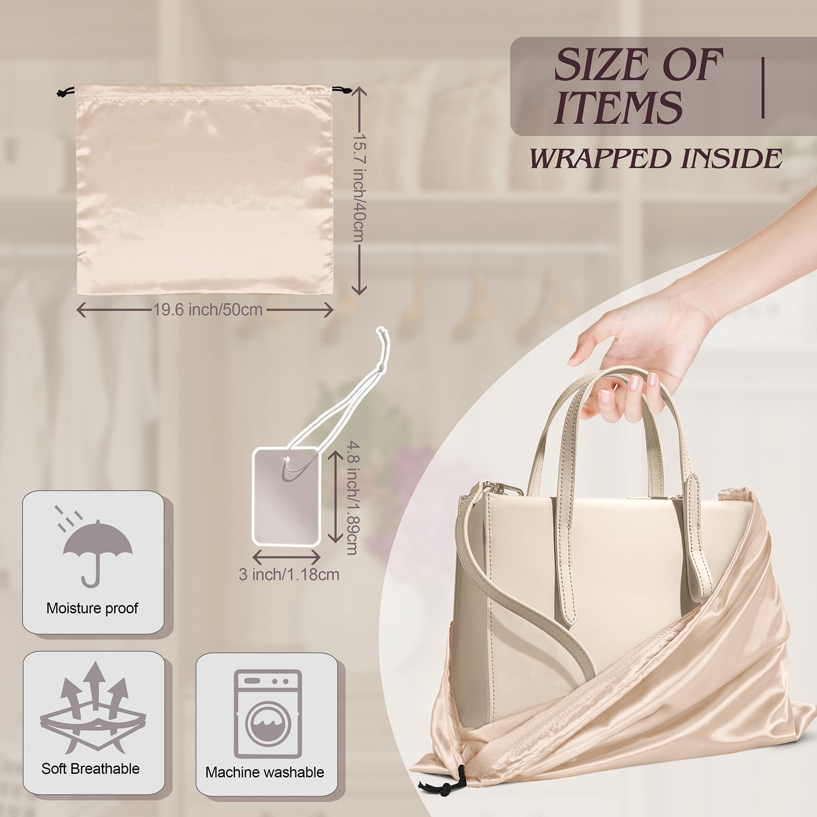 7 Pack Satin Dust Bags for Handbags & Shoes - Premium Silky Beige Drawstring Storage Pouches - Dustproof Protector for Travel, Luxury Handbag & Shoe Storage (19.6