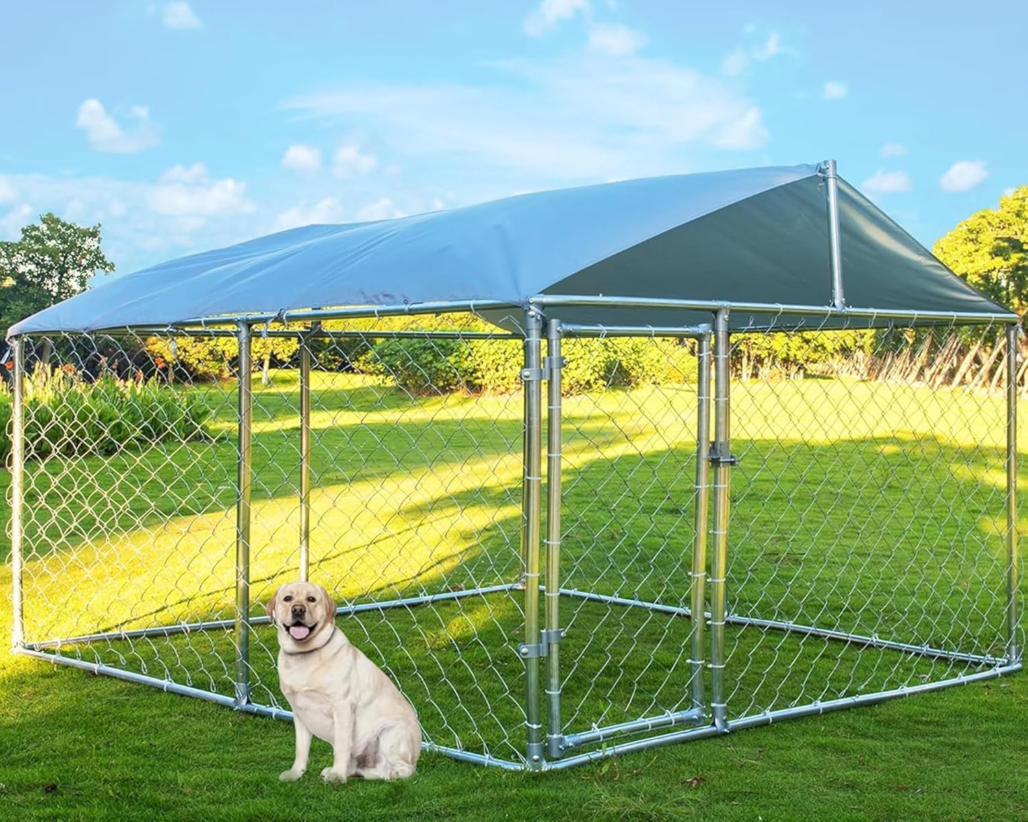 Heavy Duty Large Outdoor Dog Kennel with Roof - UV & Water Resistant Galvanized Steel Dog Playpen with Safety Locks for Small, Medium & Large Dogs (7.5x7.5 ft) - Perfect for Backyard, Patio & Camping Use