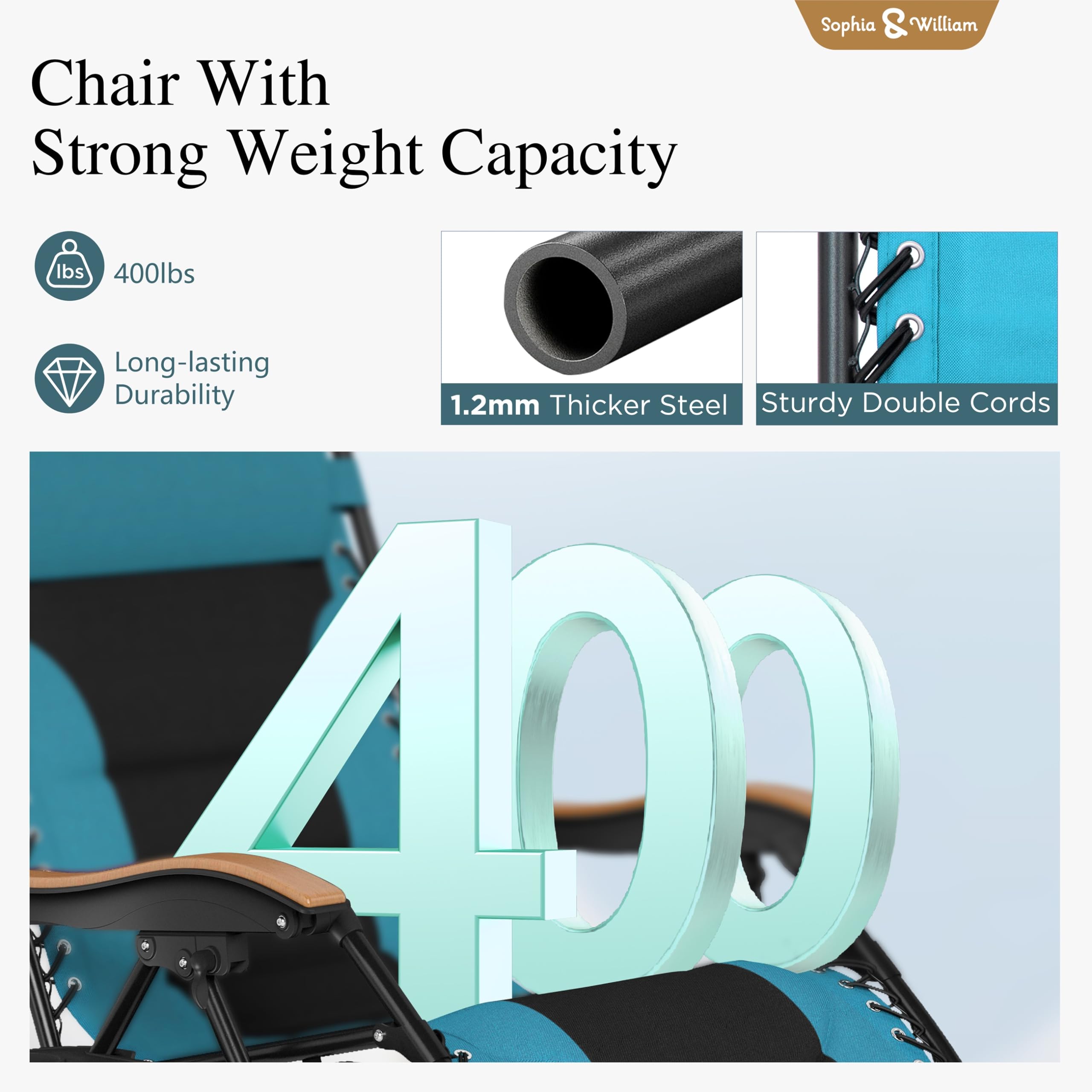 Sophia & William Oversized XL Zero Gravity Recliner Chair Set of 2 - Heavy Duty 400 LBS Capacity Adjustable Folding Lounge Chairs with Padded Seat, Wide Armrests & Cup Holders - Perfect for Patio, Backyard, Poolside Relaxation and Outdoor Lounging (Aqua Blue)