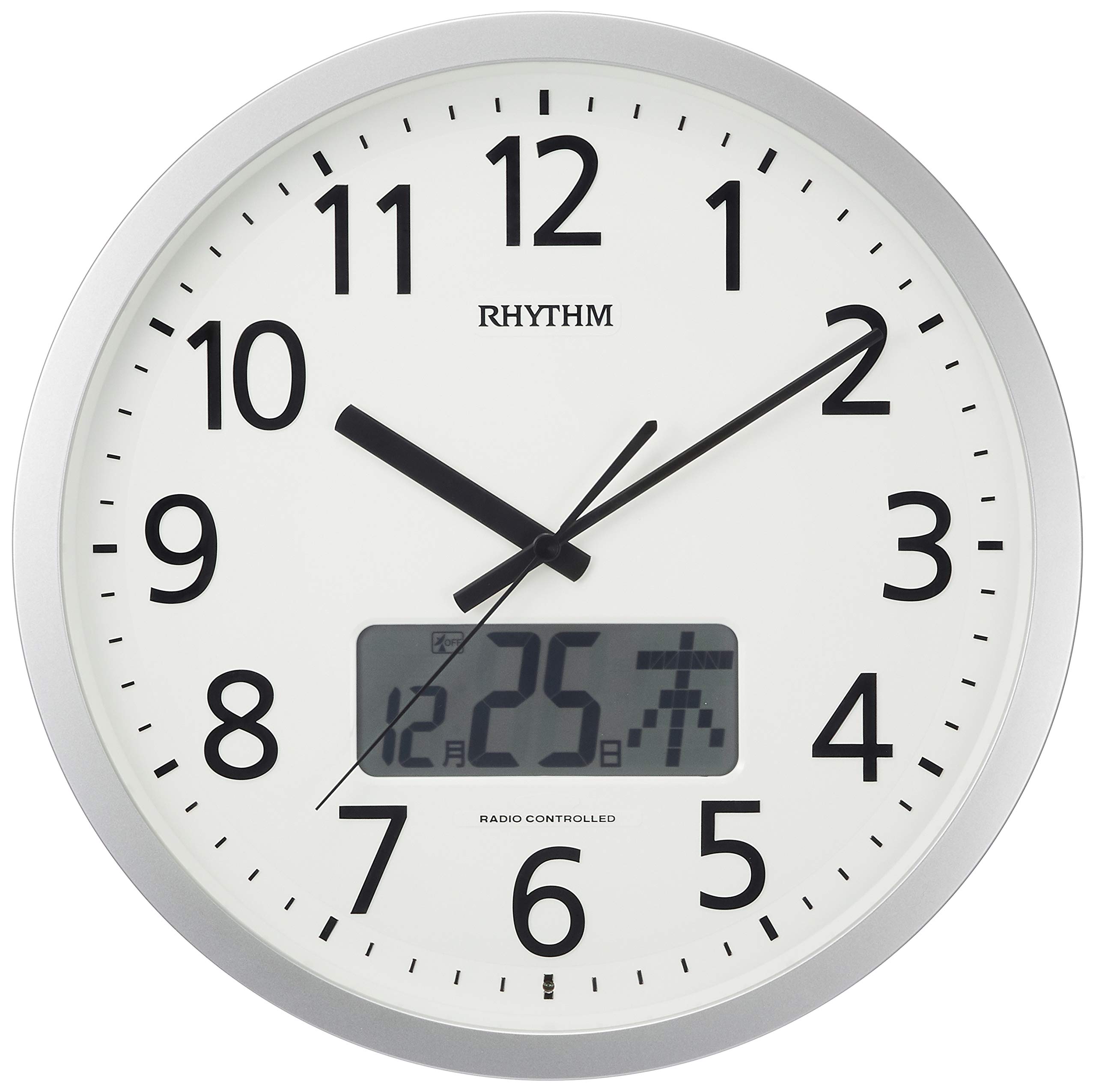 Rhythm Citizen 4FN405SR19 Silver Wall Clock with Radio, Calendar & 24 Chime Options - 13.8 Inch Office Clock with Hourly Signal - Perfect for Home, Office & Classroom Decor (35.0 x 5.5 cm)
