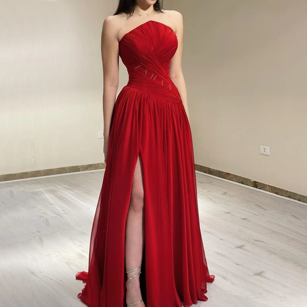 Elegant Red Chiffon Strapless Evening Dress with High Slit - Luxury Dubai Arabic Women's Wedding Prom Party Gown LA72537 | Perfect for Formal Events, Red Carpet & Special Occasions