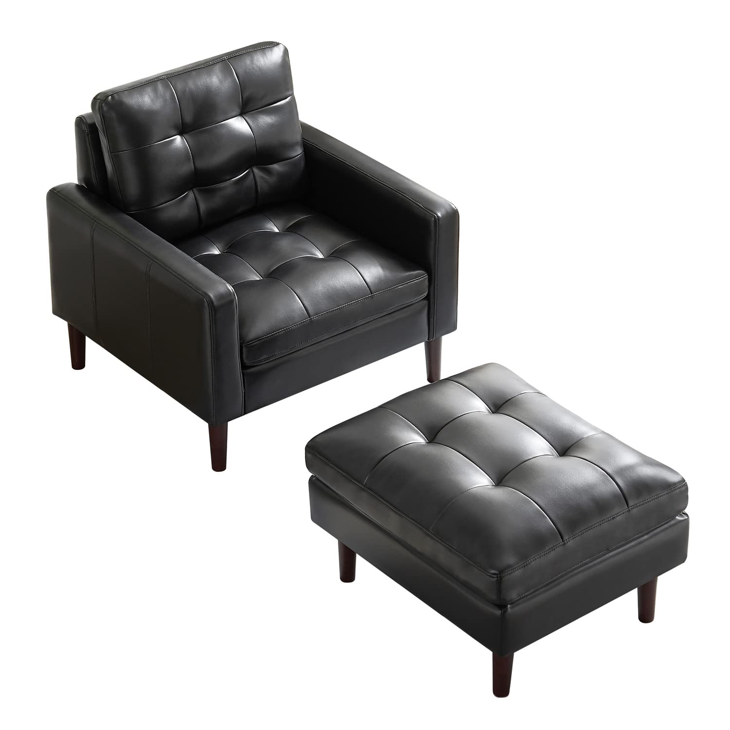 Mid Century Modern Accent Chair with Ottoman - Faux Leather Single Armchair, Retro Upholstered PU Club Chair - Comfortable Lounge Chair for Living Room, Bedroom, Apartment (Black) - Perfect for Relaxing, Reading & Home Decor