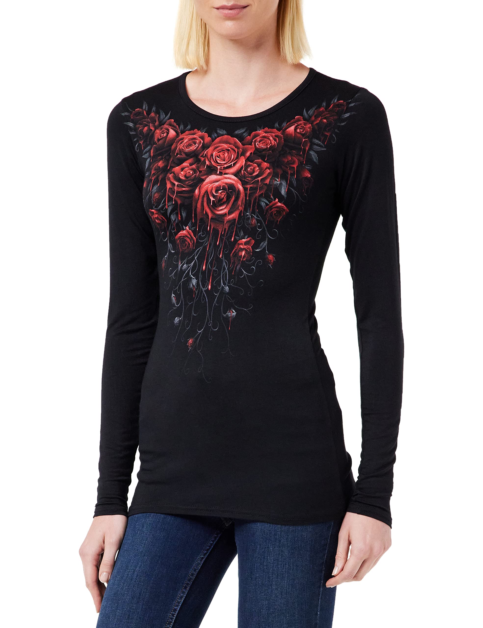 Spiral - Blood Rose - Black Baggy Top | Gothic Loose Fit T-Shirt for Women | Perfect for Halloween, Cosplay & Alternative Fashion