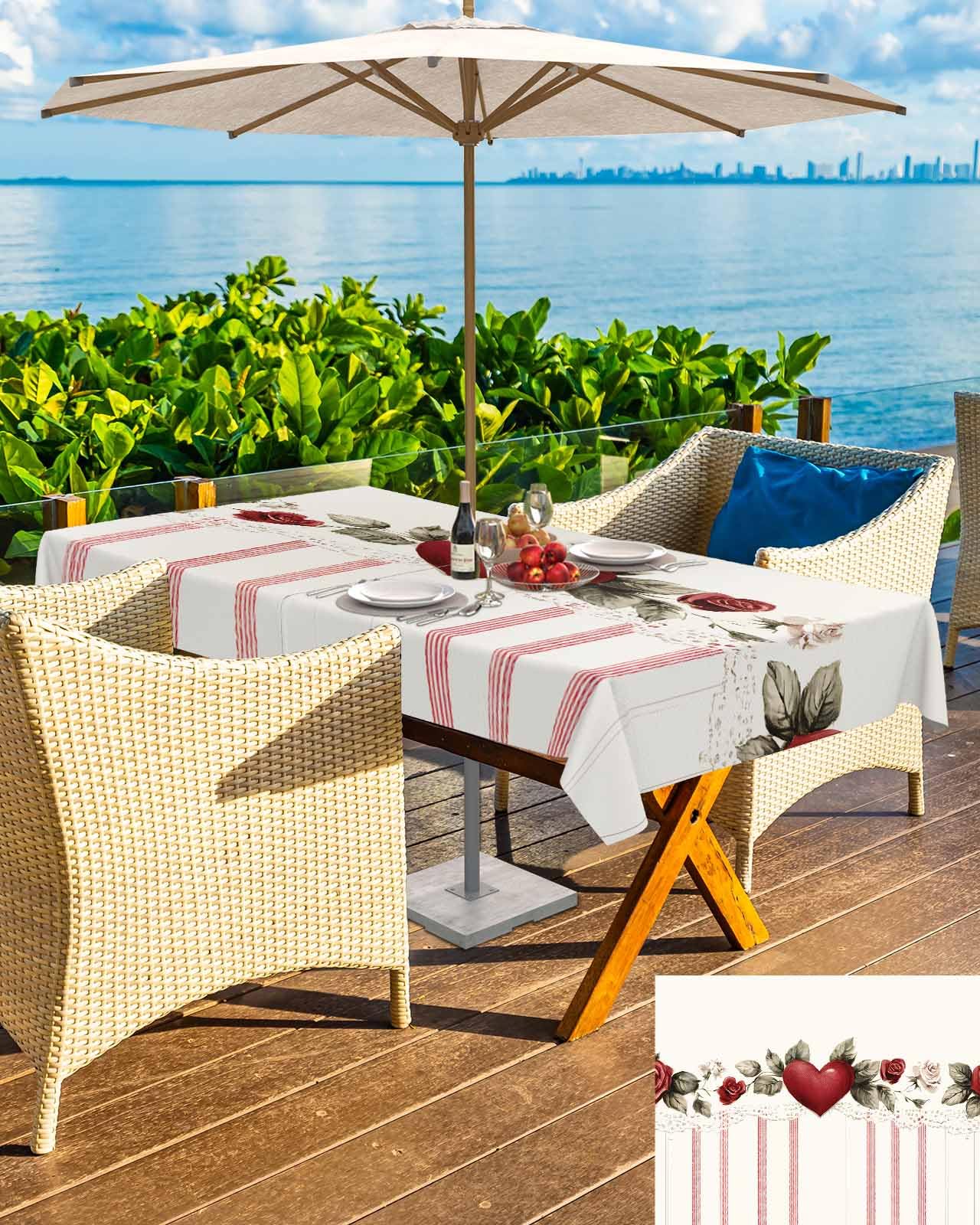 Valentine's Day Red Striped Waterproof Tablecloth with Umbrella Hole & Zipper - Spillproof Rectangular Table Cover for Outdoor Dining, Picnics, Patio Parties and Romantic Dinners