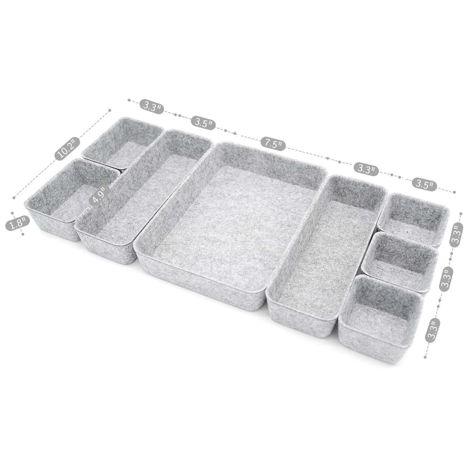 Welaxy 8-Pack Gray Felt Drawer Organizer Trays - Sturdy & Flexible Storage Bins for Office, Jewelry, Makeup, Crafts, Silverware & Tools | Perfect for Home, Office & Travel Organization