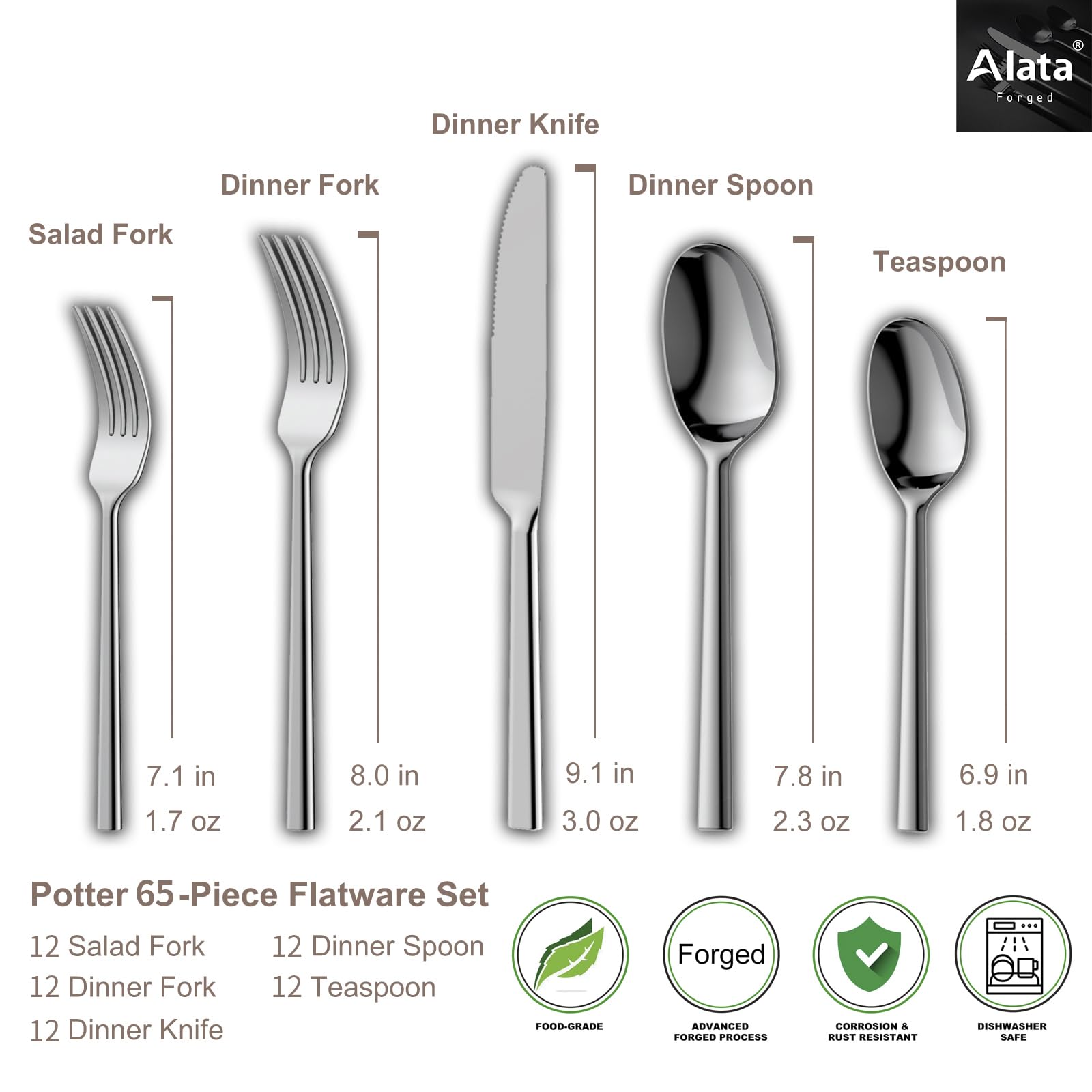 Premium 65-Piece Alata Potter Forged Silverware Set - Service for 12 - Stainless Steel Flatware Set with Modern Satin Finish - Perfect for Home Dining, Kitchen Essentials, Dinner Parties & Outdoor Camping