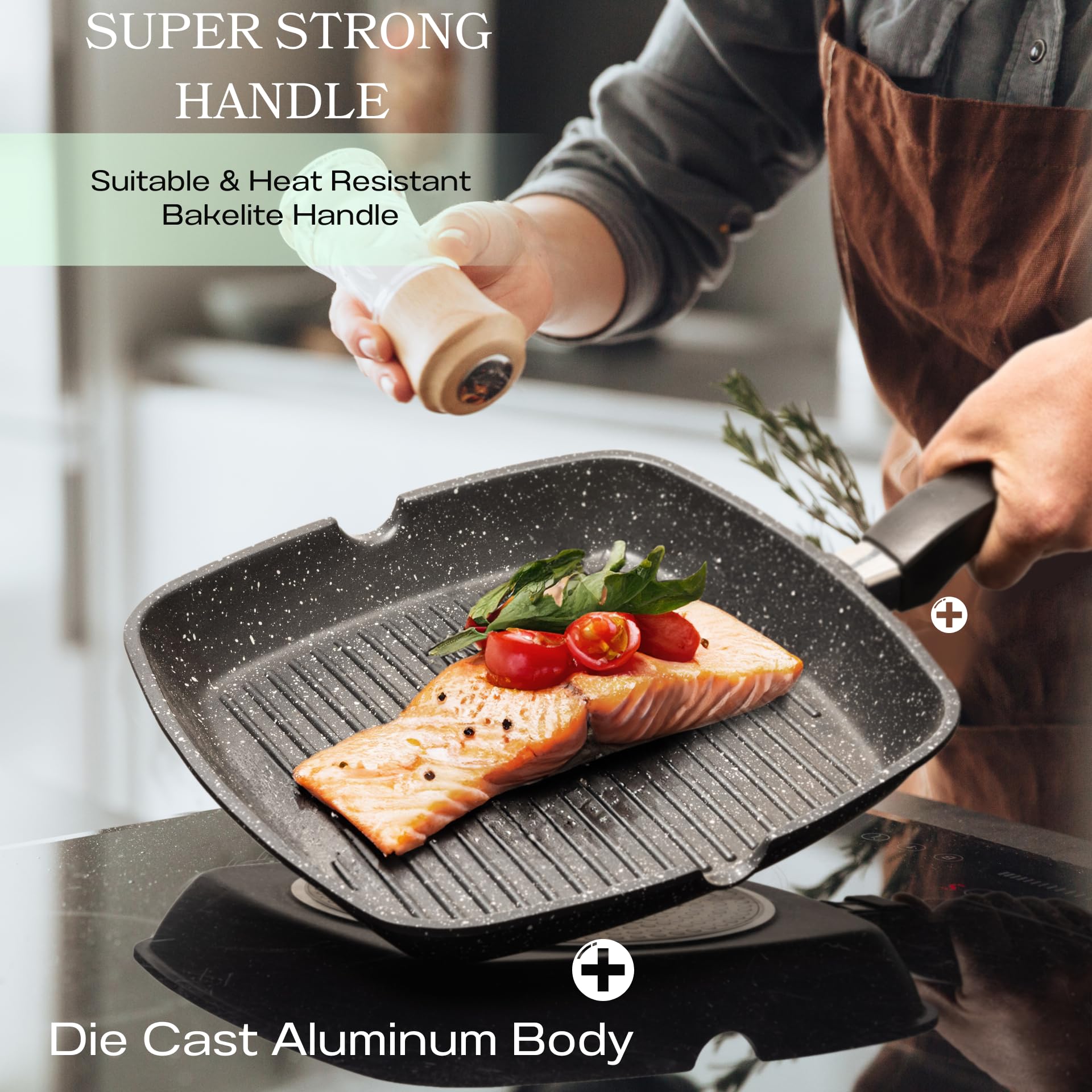 11 Inch Moss & Stone Aluminum Nonstick Grill Pan for Stove Tops - PFOA Free Square Griddle with Pour Spouts, Large Cooking Surface for Indoor & Outdoor Grilling - Perfect for Pancakes, Burgers, Steaks and Camping Cookouts