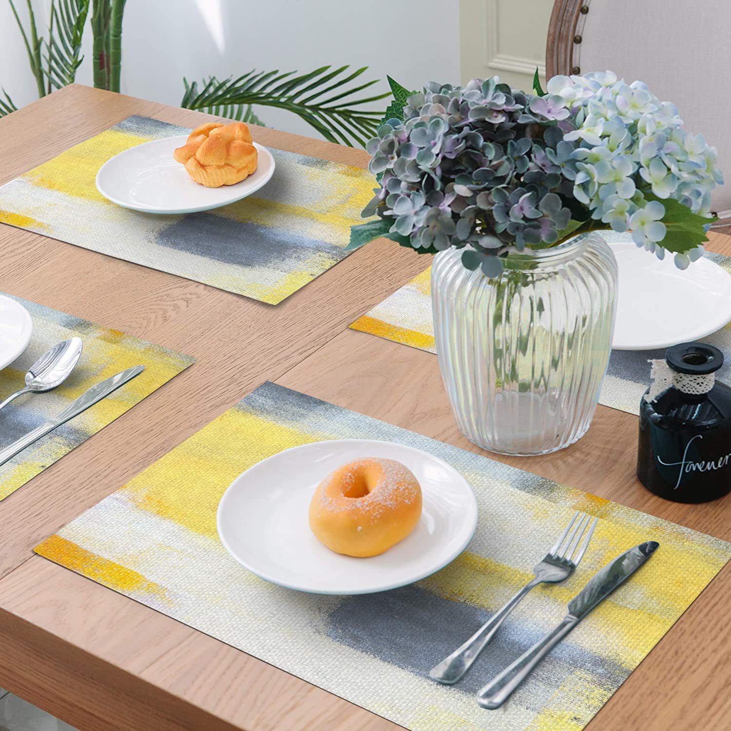 Modern Abstract Art Placemats Set of 4 - Non-Slip Dining Table Mats for Home & Cafe - Yellow Waterproof Placemats for Kitchen, Restaurant, and Party Decor