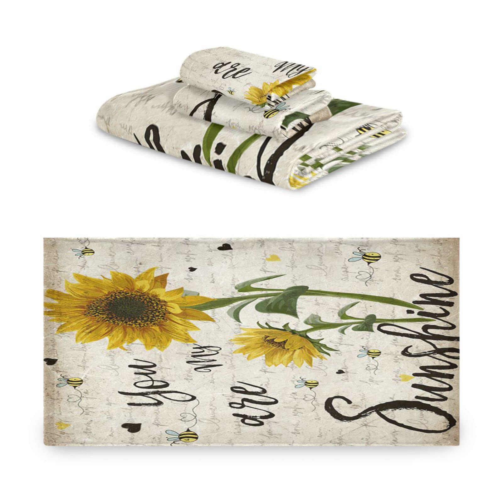 You Are My Sunshine Yellow Sunflower Honey Bees Retro Newspaper Soft Absorbent 3-Piece Bath Towel Set - 1 Bath Towel, 1 Hand Towel, 1 Washcloth - Perfect for Spa, Gym & Farmhouse Bathroom Decor