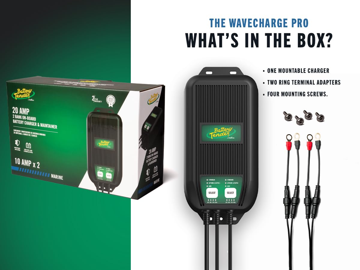Battery Tender WaveCharge Pro 2 Bank 20A Smart Charger - 12V Weatherproof Battery Maintainer (10A Per Bank) - Ideal for Marine, RV, ATV & Motorcycle Battery Charging & Maintenance