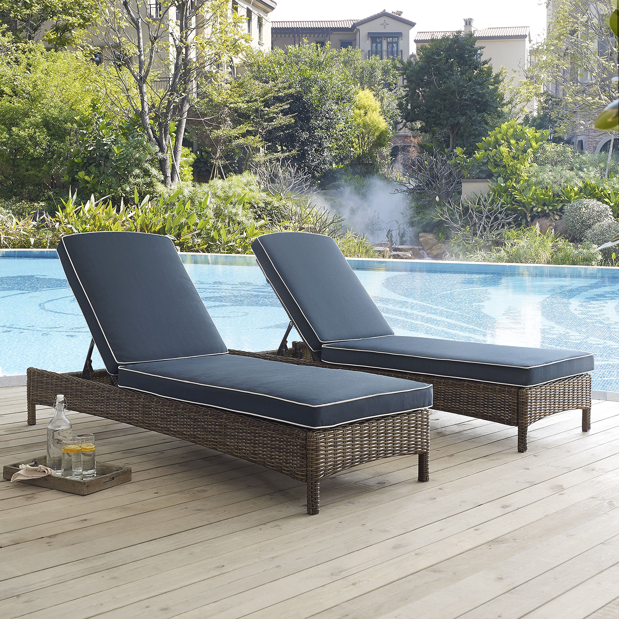 Crosley Bradenton Reclining Wicker Outdoor Chaise Lounge Chair - Brown with Navy Cushions for Patio, Deck, Backyard, Poolside Relaxation | Weather-Resistant Wicker Furniture for Outdoor Lounging & Sunbathing