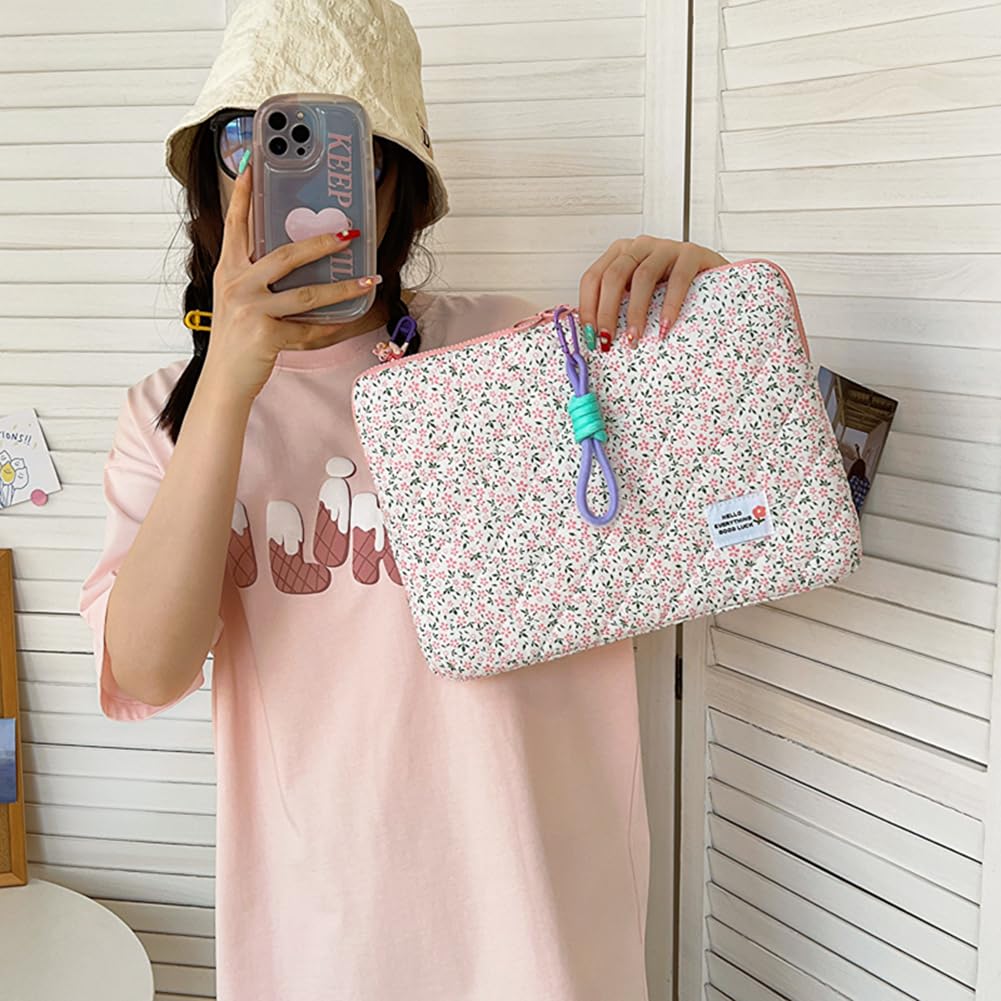 Puffy Quilted Laptop Sleeve Case for 15 Inch MacBook Air/Pro - Floral Cute Laptop Bag for Women & Girls, Aesthetic Protective Macbook Cover with Soft Padding, Perfect for Work, School & Travel Accessories