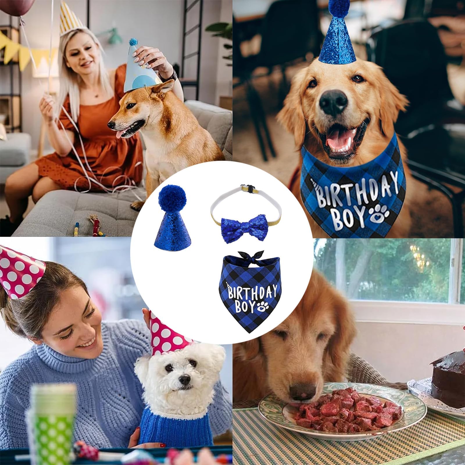 3pcs Dog Birthday Bandana, Bow Tie & Hat Set - Plaid Pet Party Outfit for Dogs & Cats - Reusable Birthday Party Supplies for Puppy & Kitten Celebrations (Perfect for Birthday Photos, Pet Costume Parties & Holiday Dress-Up)