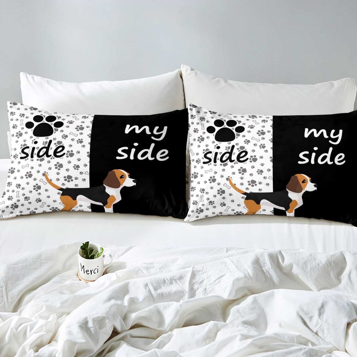 Erosebridal Cute Dog Paw Print Queen Size Bed Sheet Set - Black & White Puppy Bones Design for Kids, Boys & Girls | Soft & Comfortable Animal Themed Bedding Includes Fitted Sheet, Flat Sheet & 2 Pillowcases | Perfect for Pet Lovers' Bedroom Decor & Cozy Sleep