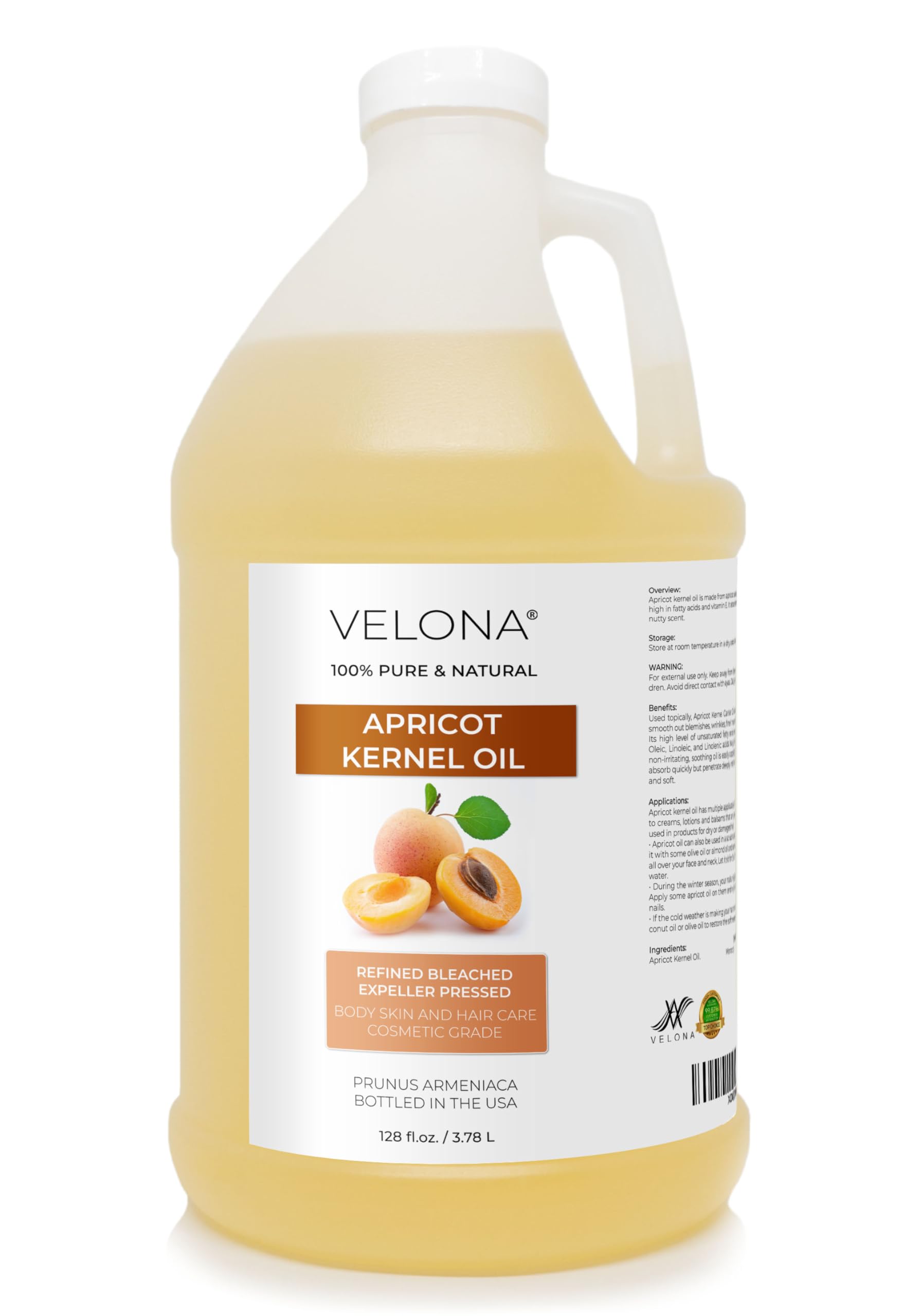 Velona 100% Pure & Natural Apricot Kernel Oil - 1 Gallon (128 Fl Oz) | Refined Cold-Pressed Carrier Oil for Hair, Skin & Body Care | Moisturizing & Nourishing | Perfect for Massage, Aromatherapy & DIY Beauty Recipes
