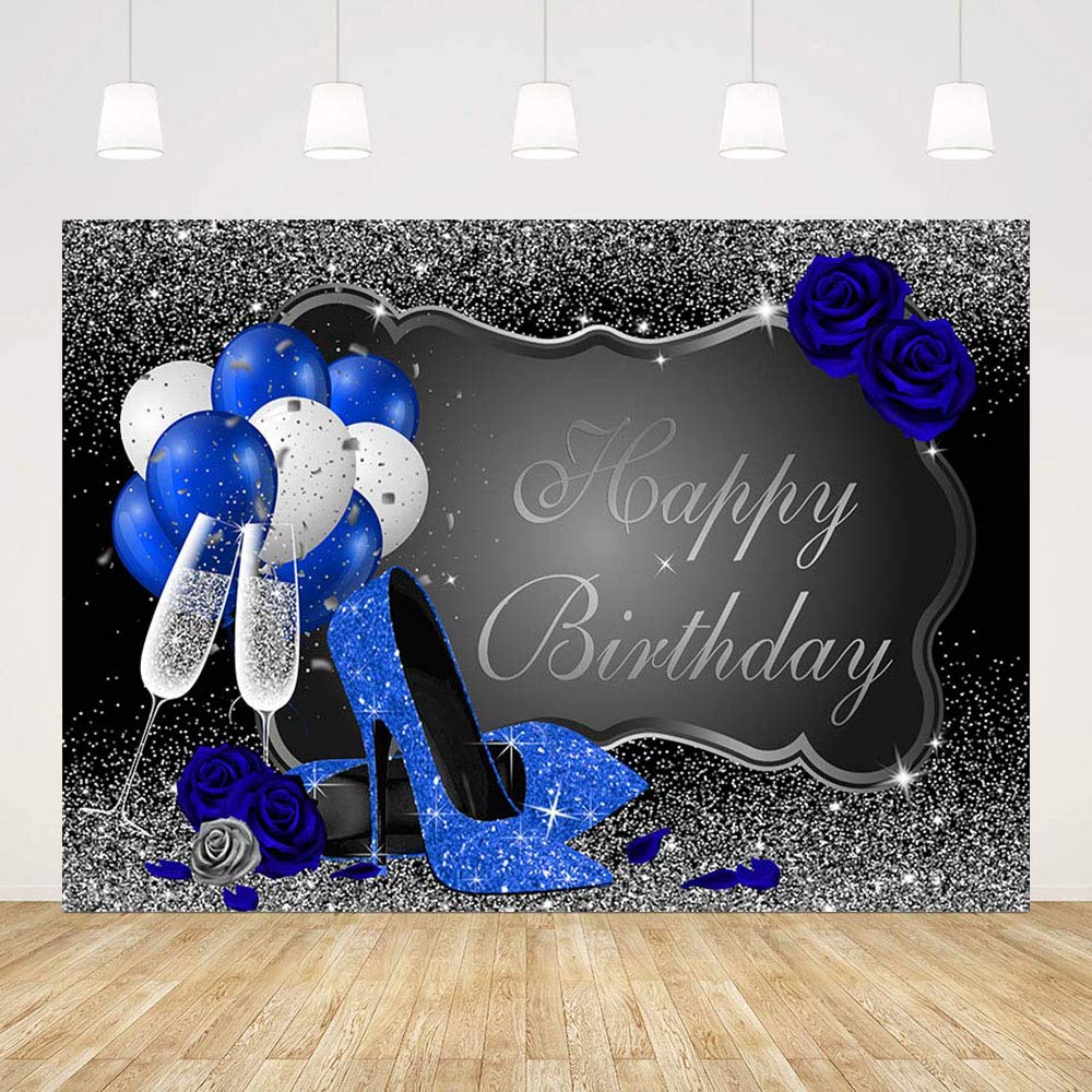 MEHOFOND Glitter Silver & Blue Birthday Backdrop - 7x5ft Women's Party Decor with Royal Blue Heels, Rose Balloons & Champagne Design - Perfect for Birthday Photography, Studio Props & Celebration Backgrounds