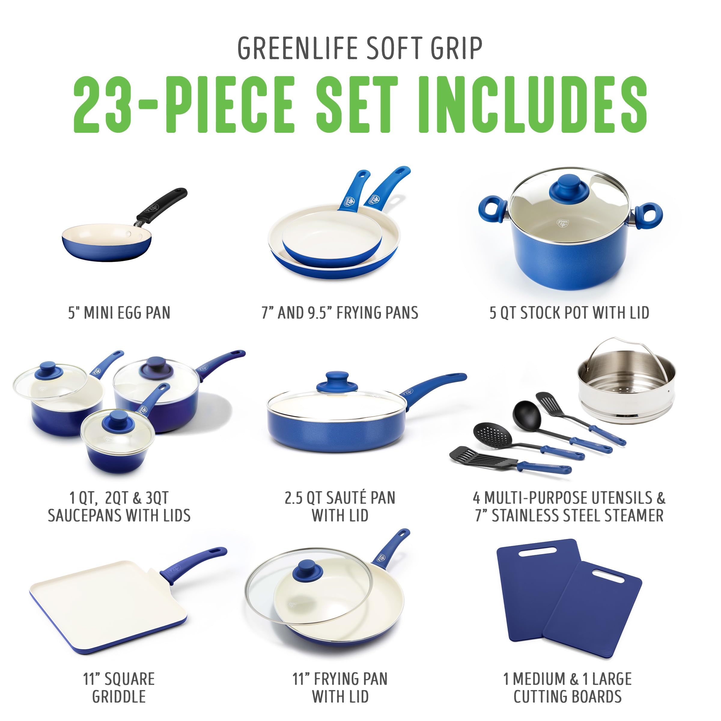 GreenLife Soft Grip 23-Piece Non-Toxic Ceramic Cookware Set - PFAS & PFOA Free Pots & Pans with Even Heat Distribution, Warp Control & Easy Cleaning - Oven & Dishwasher Safe Blue Kitchenware for Healthy Cooking, Baking & Frying
