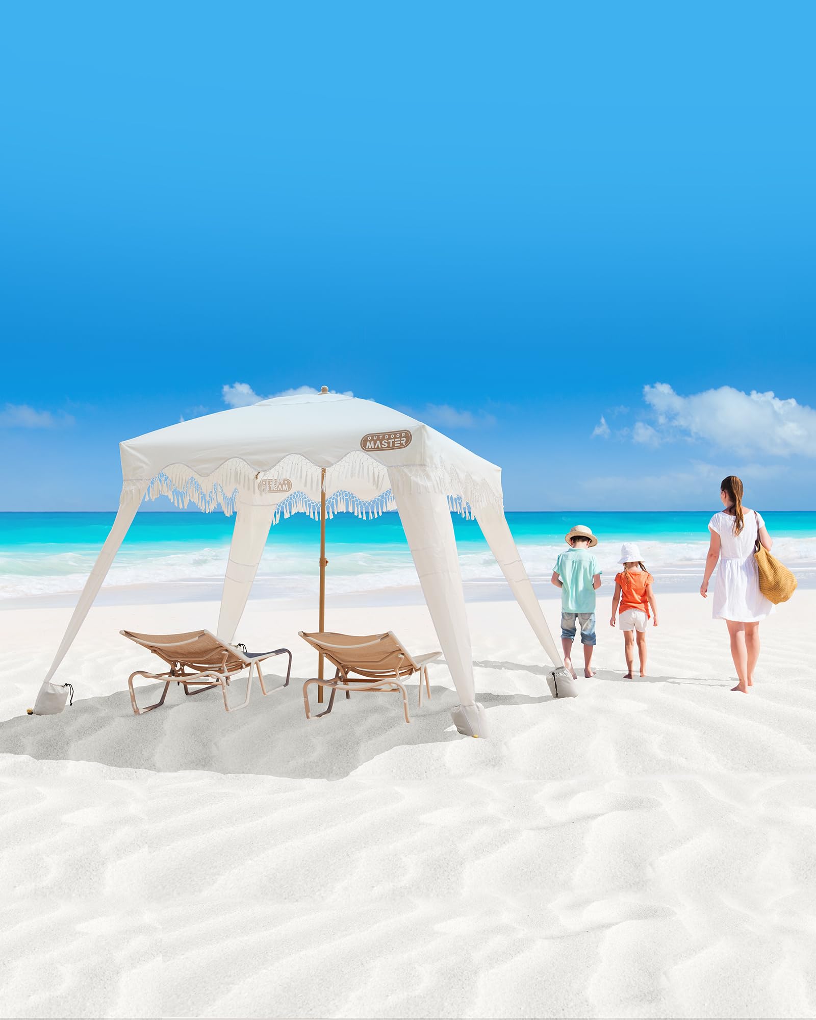 OutdoorMaster 6' x 6' Portable Beach Cabana with Fringe & Side Wall - UPF 50+ UV Protection Sun Canopy for Family, Kids & Friends - Easy Setup Beach Shelter in Romantic White - Perfect for Beach Days, Pool Parties & Outdoor Picnics