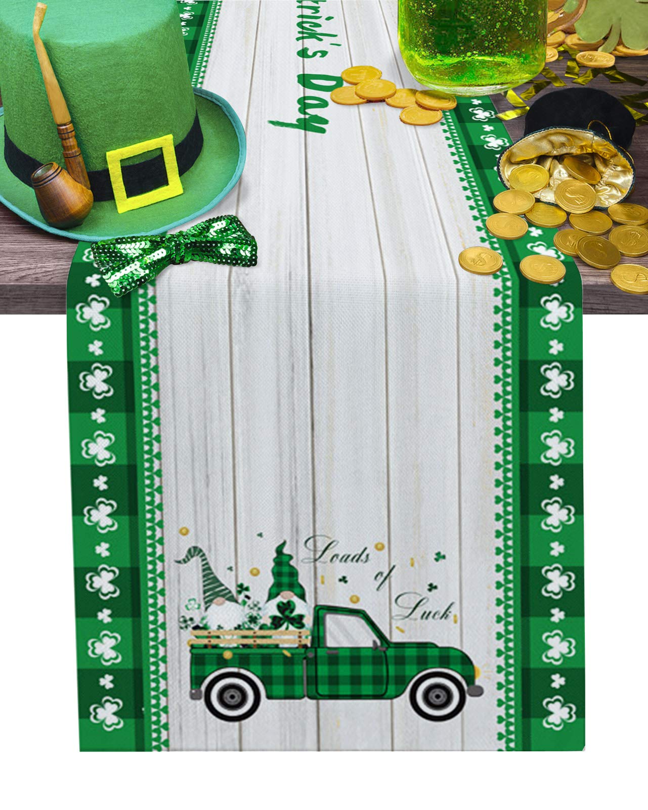 Saint Patrick's Day Table Runner 13x90 Inches - Washable Gnome & Little Truck Design with Clover & Wooden Plank Pattern - Perfect for Round, Kitchen, Coffee, Dining & End Tables - Great for St. Patrick's Day Decorations, Irish-Themed Parties & Home Dining