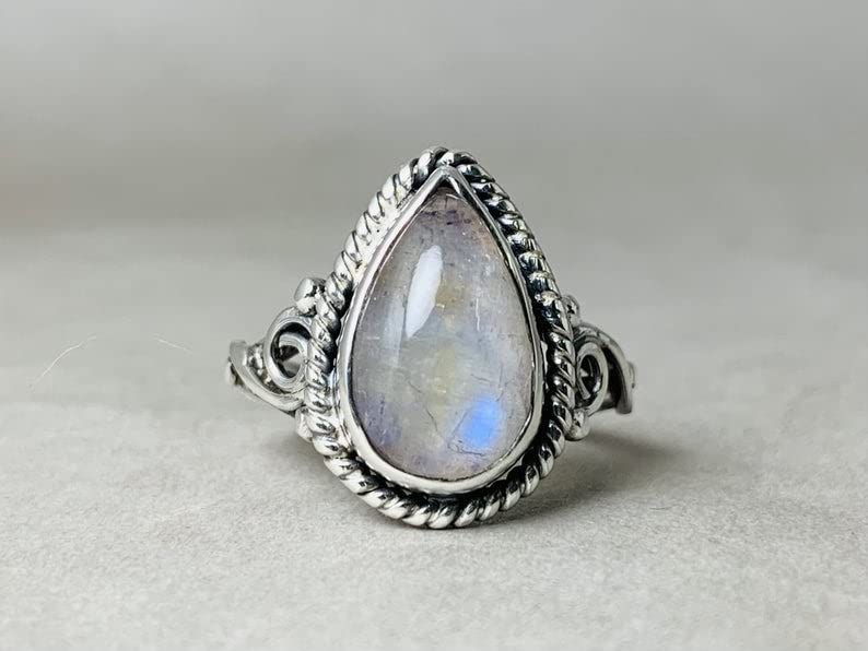 Natural Moonstone Ring - Sterling Silver Blue Fire Pear Rainbow Moonstone Jewelry - June Birthstone & Promise Ring for Women - Perfect for Gifts, Weddings & Everyday Wear (Size N 1/2)