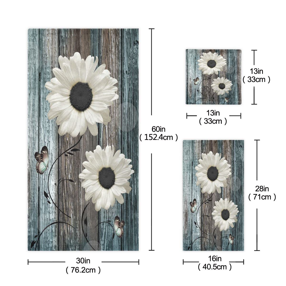 Farmhouse Bath Towels Set - 3 Piece Floral Rustic Daisy Design (1 Bath Towel, 1 Hand Towel, 1 Washcloth) - Soft, Absorbent Cotton for Bathroom & Kitchen - Teal Blue & White Wooden Plank Style - Perfect for Farmhouse Decor, Guest Bathrooms & Cozy Home Use