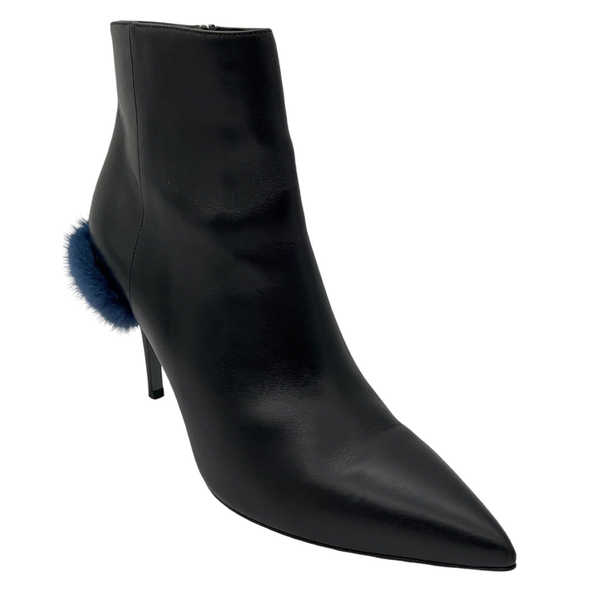 Fendi Black & Blue Fur Trimmed Leather Heeled Boots for Women - Stylish Winter Fashion & Party Wear