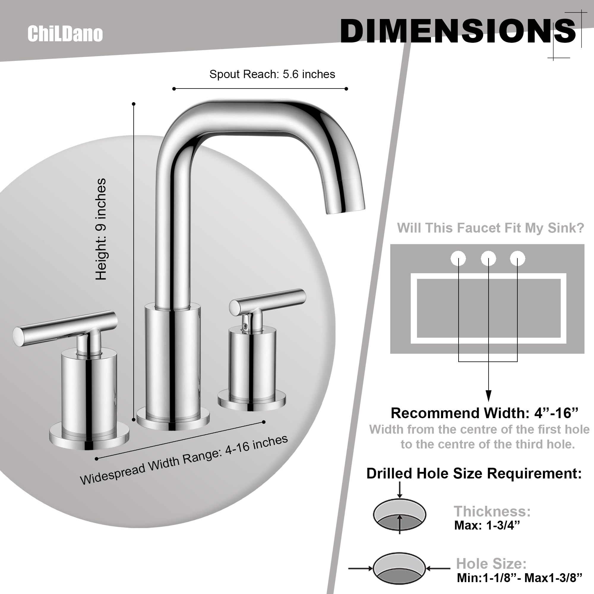 8 Inch Widespread Bathroom Faucet - 2 Handle 3 Hole Chrome Bathroom Sink Faucet with Drain & Supply Hoses - ChiLDano CH3166CP - Perfect for Modern Bathrooms & Powder Rooms