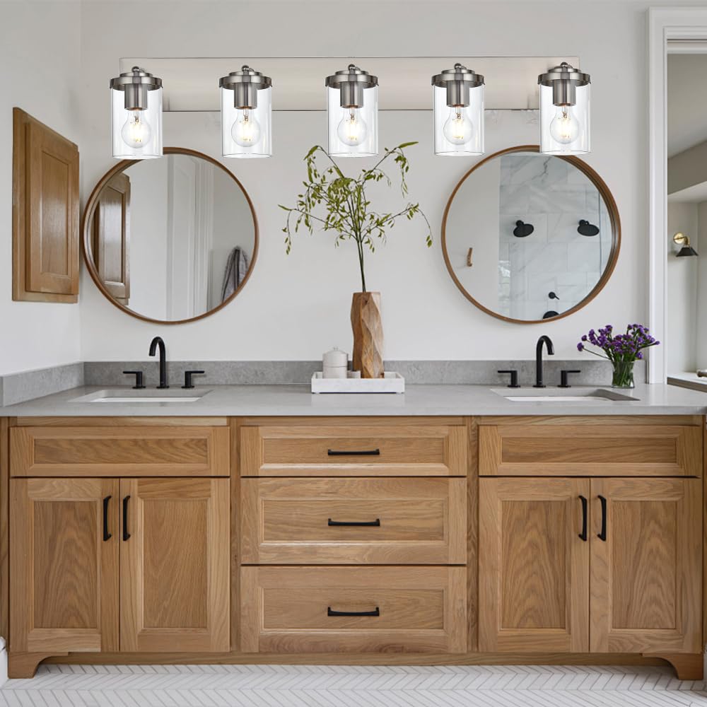 BONLICHT Modern 5-Light Adjustable Track Lighting Fixture - Brushed Nickel Semi Flush Mount Ceiling Light with Clear Glass Shade - Perfect for Kitchen, Vanity Mirror, and Industrial Indoor Wall Lighting