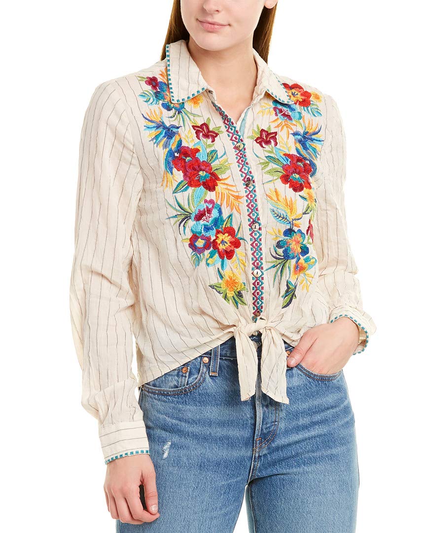 Johnny Was Nandi Tie Front Silk Blouse - Elegant Women's Floral Print Shirt for Casual & Office Wear