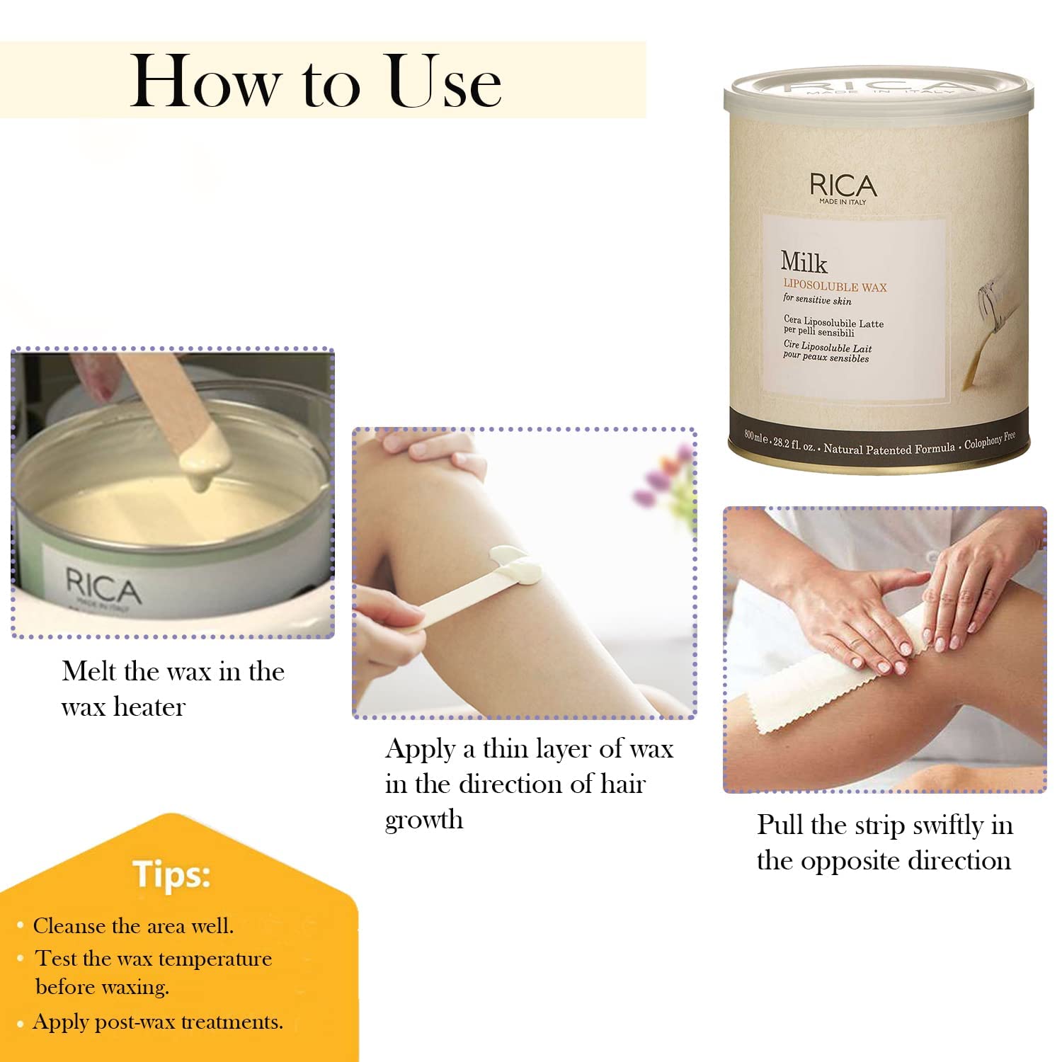 RICA Milk Liposoluble Hard Wax for Women - Sensitive Skin Friendly, 800ml - Painless Hair Removal for Legs, Arms, Bikini & Face at Home