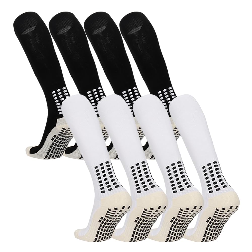 4 Pair Non-Slip Grip Soccer Socks for Men - Knee High Football & Baseball Sports Socks with Anti-Slip Pads for Enhanced Performance on Field & Court