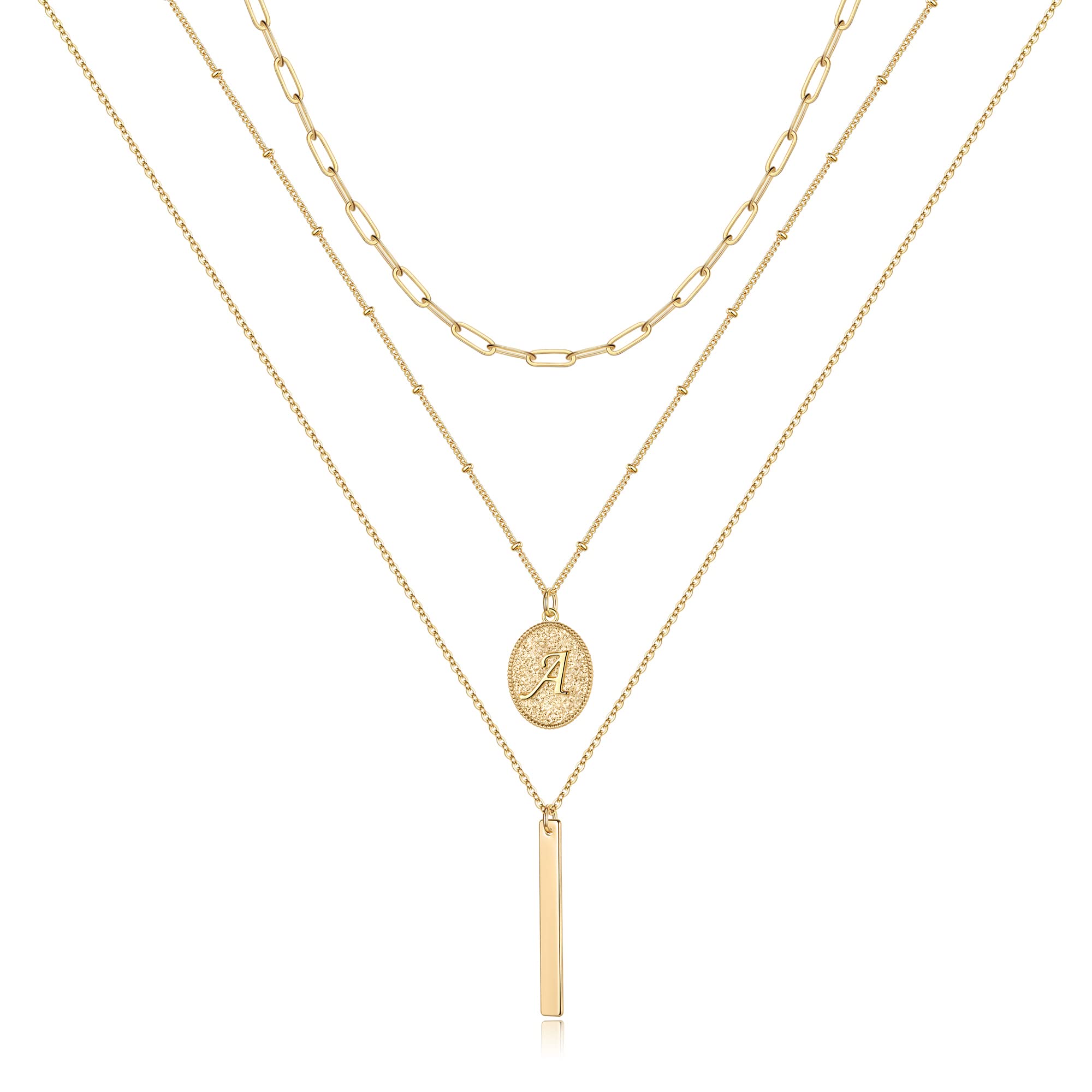 14K Gold Plated Initial Necklace for Women - Personalized Letter Coin Necklace with Paperclip Chain, Dainty Layered Bar Necklace - Perfect for Everyday Wear, Gift Giving & Special Occasions