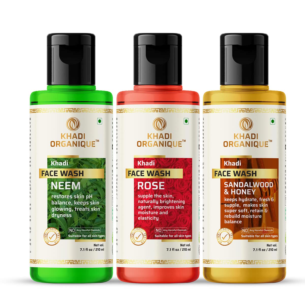 **Khadi Organique Neem, Rose & Sandalwood Honey Face Wash Trio – Brighten Skin, Reduce Wrinkles, 630ml (Pack of 3) – Perfect for Daily Cleansing & Glowing Skin**