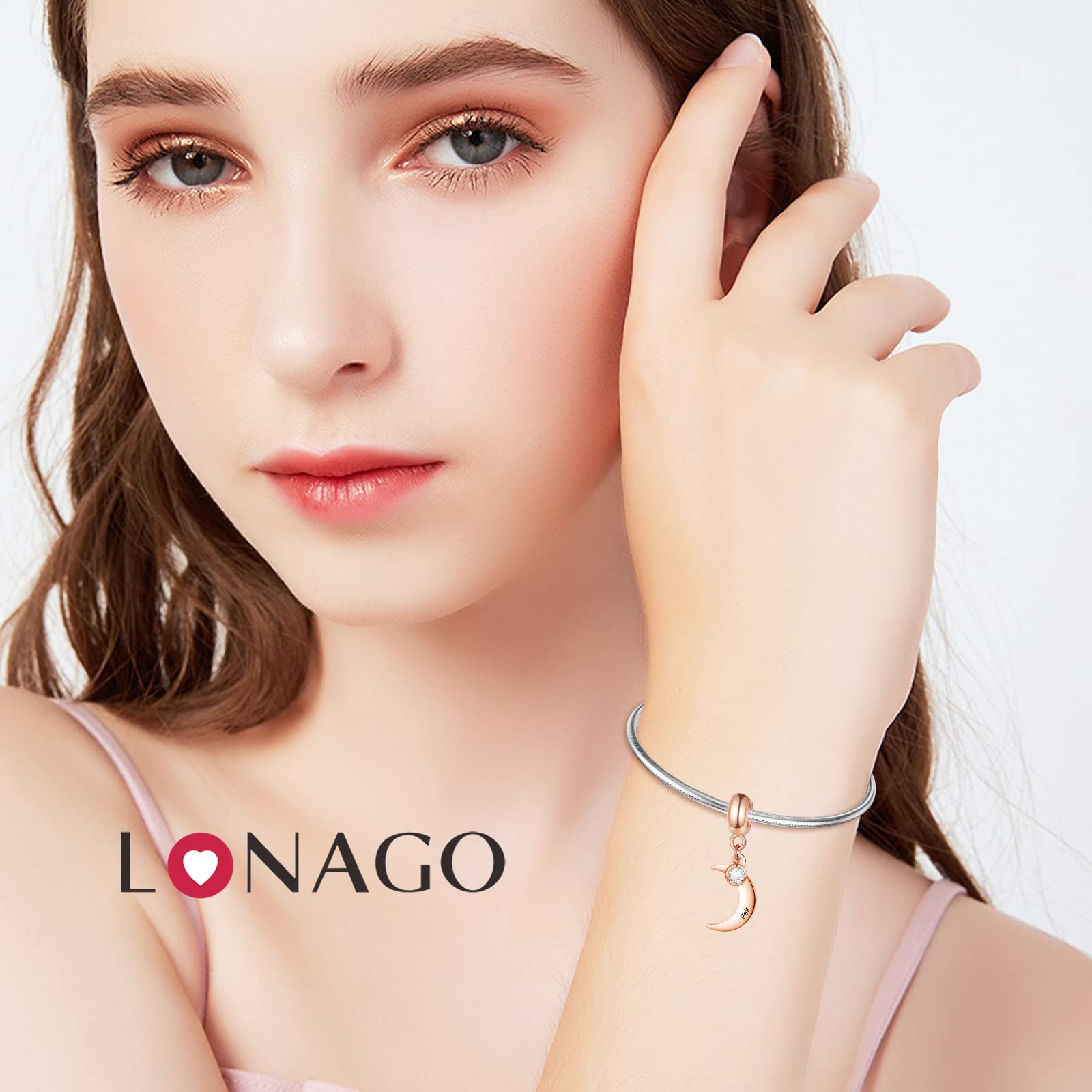 LONAGO Personalized Crescent Moon Name Charm Bead for Bracelets - Custom Engraved Jewelry Gift for Women, Girls, Teens - Perfect for Birthdays, Anniversaries & Friendship Gifts