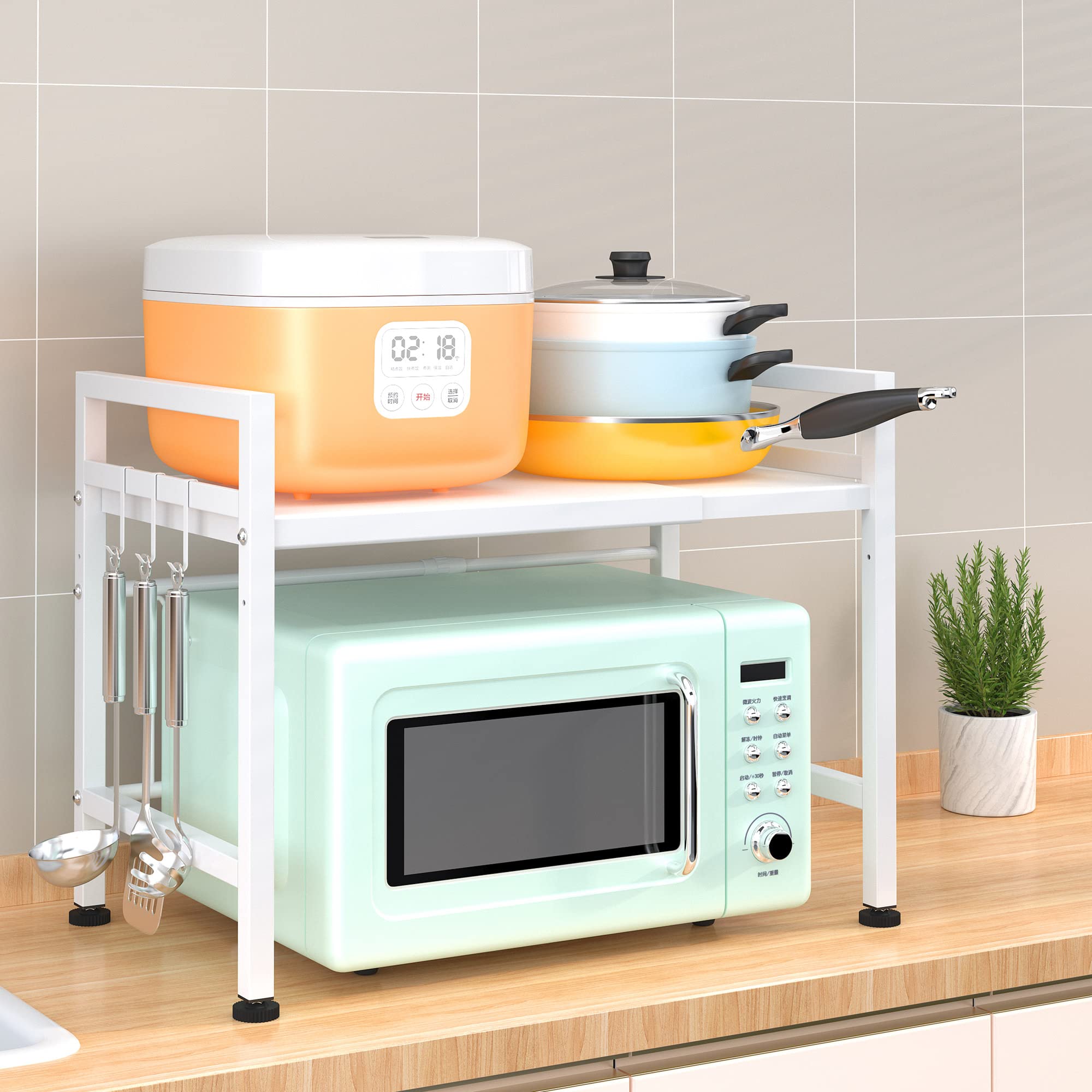 PUSDON 2-Tier Extendable Microwave Oven Rack - White | Space Saving Kitchen Organizer for Small Appliances | Perfect for Microwave Storage, Spice Racks & Countertop Organization