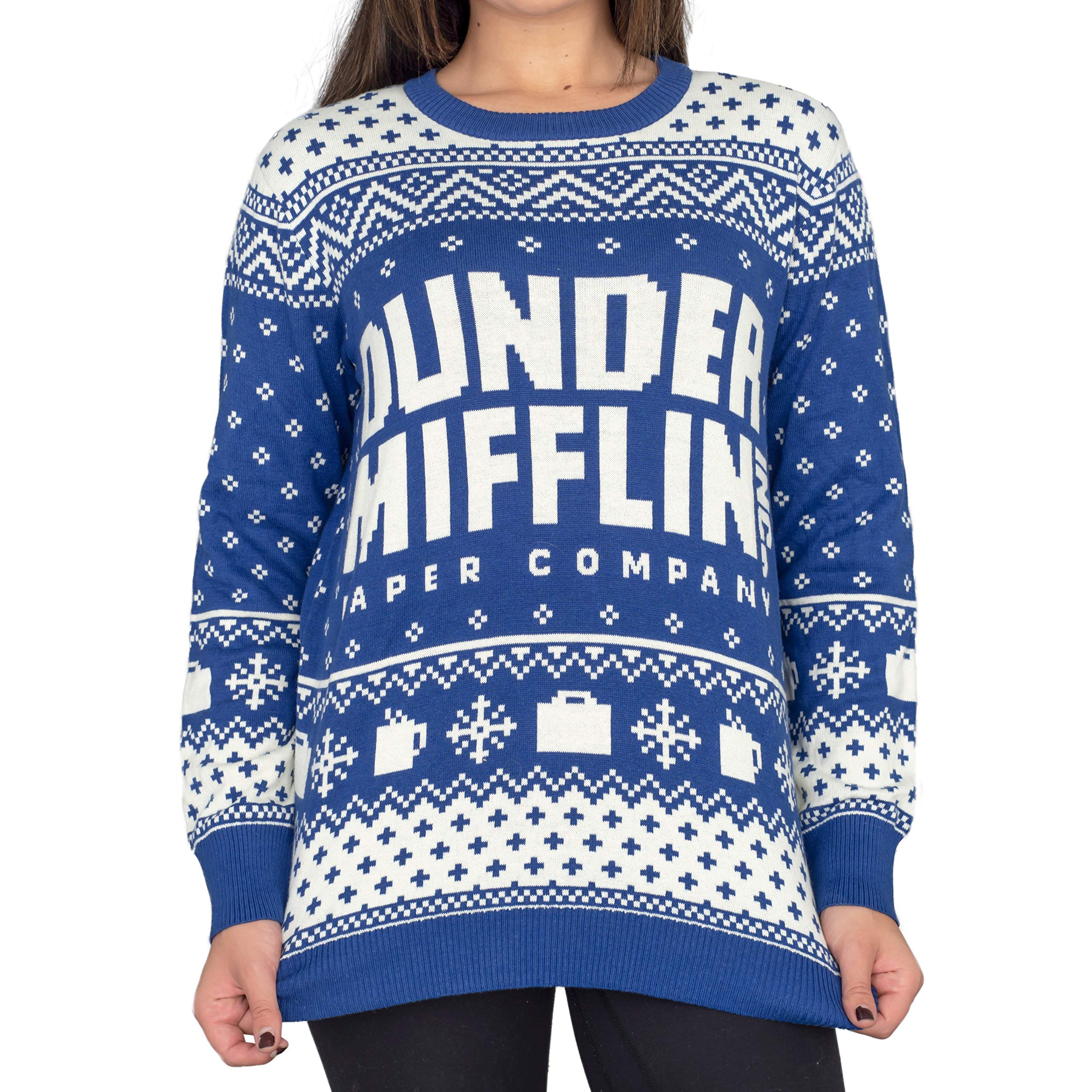 Dunder Mifflin Blue Ugly Christmas Sweater from The Office - Funny Holiday Party Outfit for Christmas, Ugly Sweater Contest & Festive Gatherings