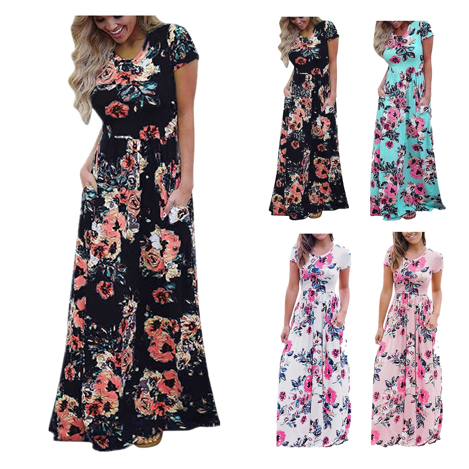 Qsctys Women's Floral Print Wrap Maxi Dress - Summer Short Sleeve Beach Dress with Empire Waist & Pockets | Casual Wear, Vacation Outfit, Boho Chic Style for Outdoor Parties & Date Nights