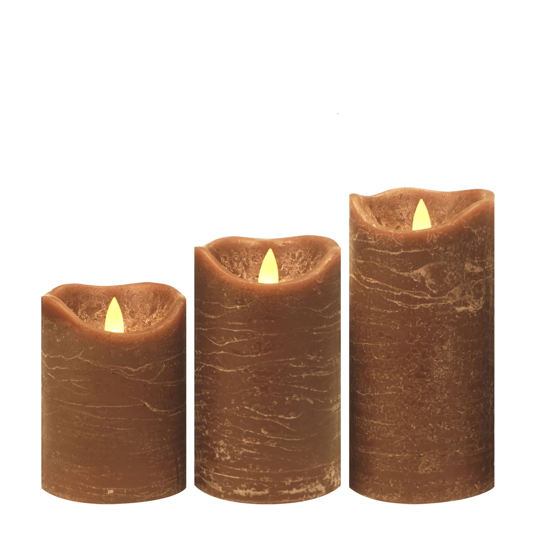 Real Wax Flameless LED Candles with Timer - Set of 3 Battery Operated Pillar Candles, Realistic Flickering & Rustic Brown Texture, 6H On/18H Off Auto Cycle - Perfect for Home Decor, Weddings, Romantic Dinners & Holiday Centerpieces