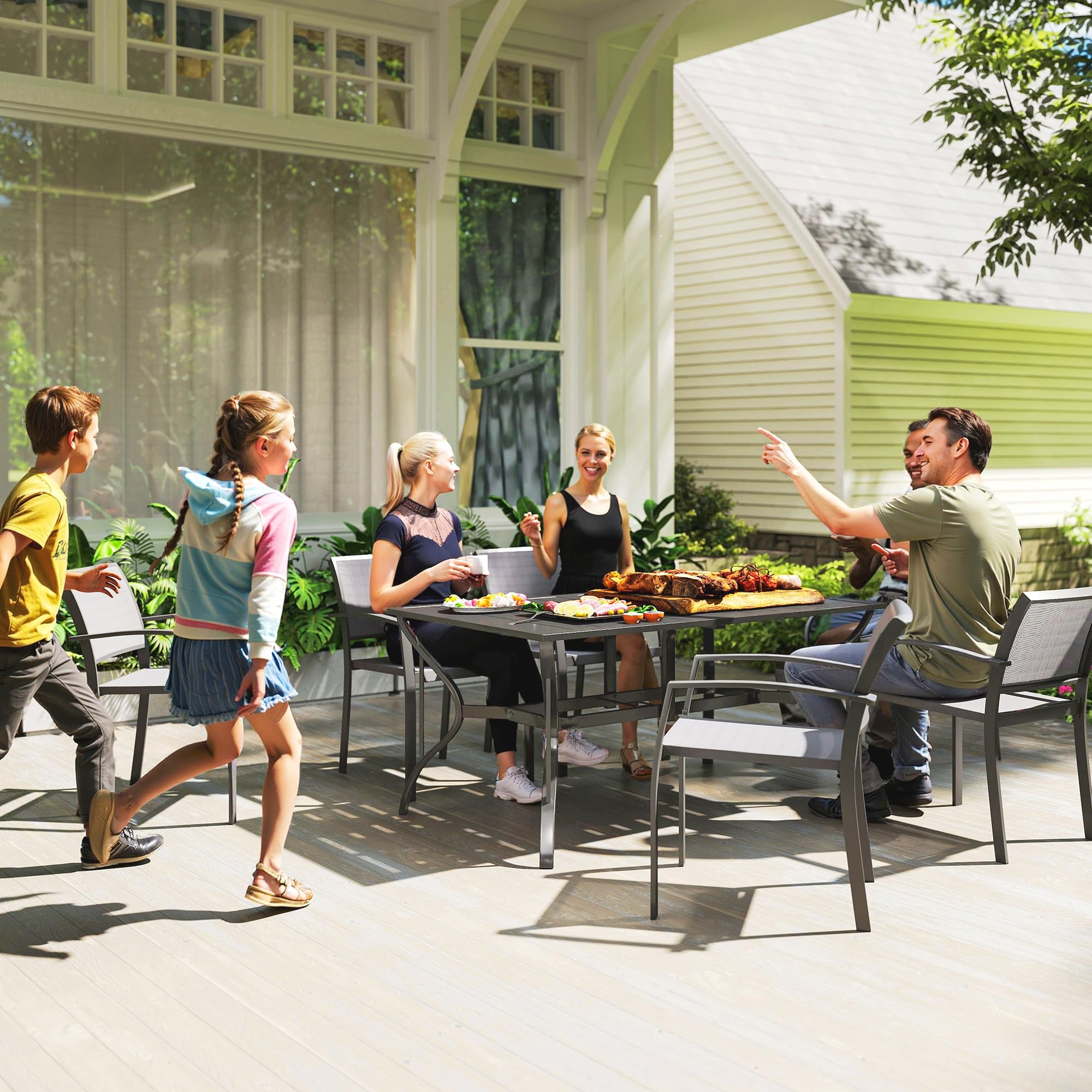 Outsunny 6-Person Outdoor Dining Table - Black Steel Rectangular Patio Table with Umbrella Hole - Durable Garden & Balcony Furniture for BBQ, Poolside Gatherings & Backyard Entertaining