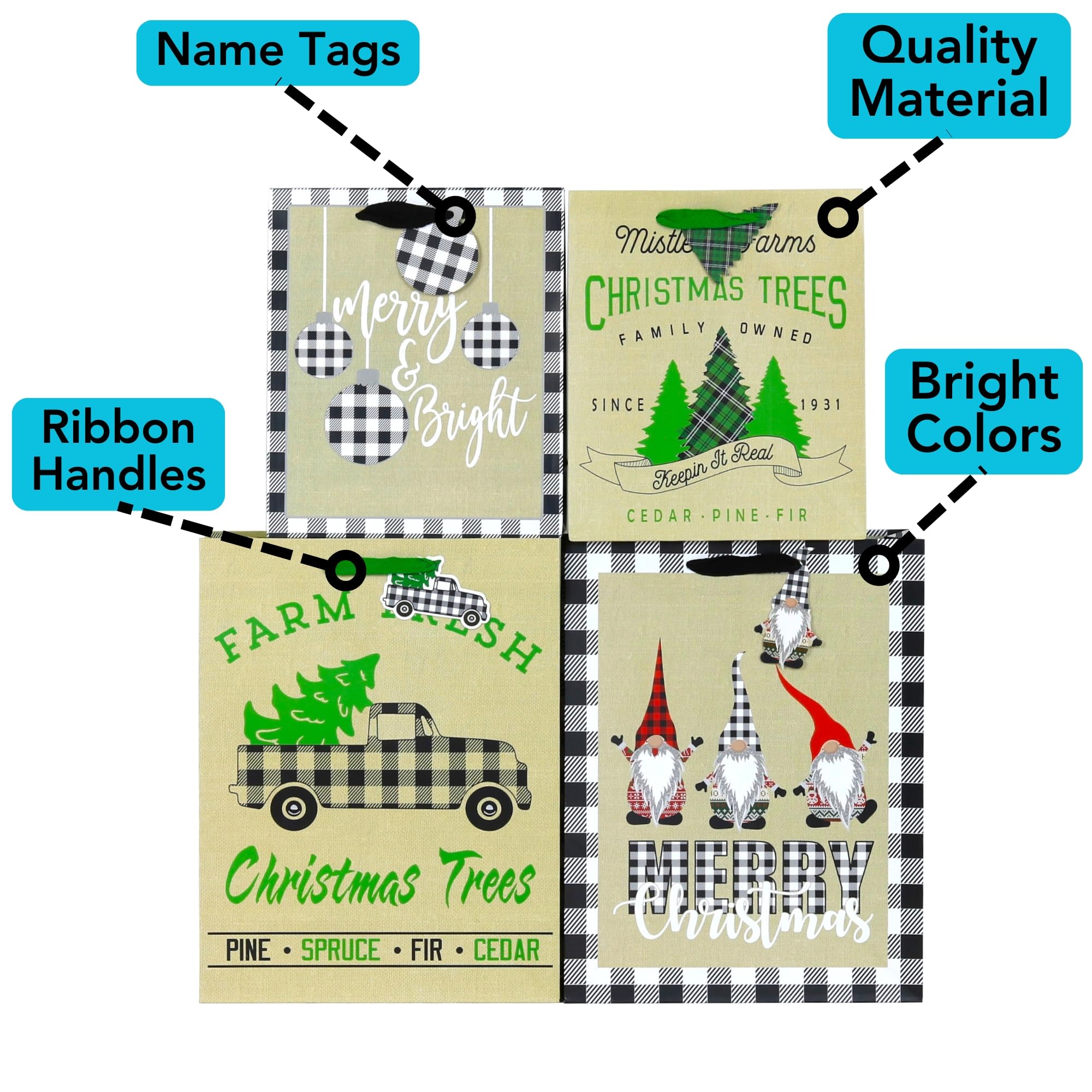 Iconikal Christmas Gift Bags - 24 Pack Buffalo Plaid Holiday Party Favor Bags for Xmas Presents, Stocking Stuffers & Festive Decorations