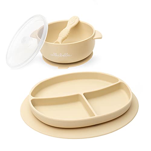 Ullabelle BPA-Free 100% Food Grade Silicone Suction Toddler Plates & Bowls Set with Spoon - Microwave & Dishwasher Safe Baby Feeding Essentials - Includes Suction Plate, Bowl with Lid & Spoon (Oatmeal Color) - Perfect for Baby-Led Weaning, Travel & Mess-Free Meals