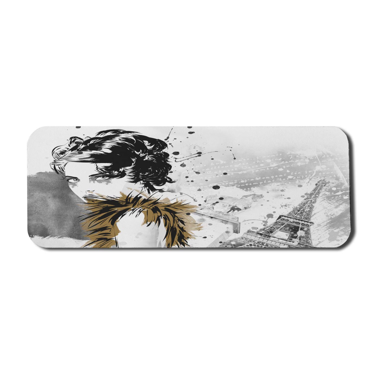 Ambesonne Modern Computer Mouse Pad - Fashion Model with Feathers & Dots Paris Eiffel Design, Non-Slip Rubber Base, Large 31x12 Inch Gaming Mousepad in Grey White | Perfect for Office, Home & Gaming Setups